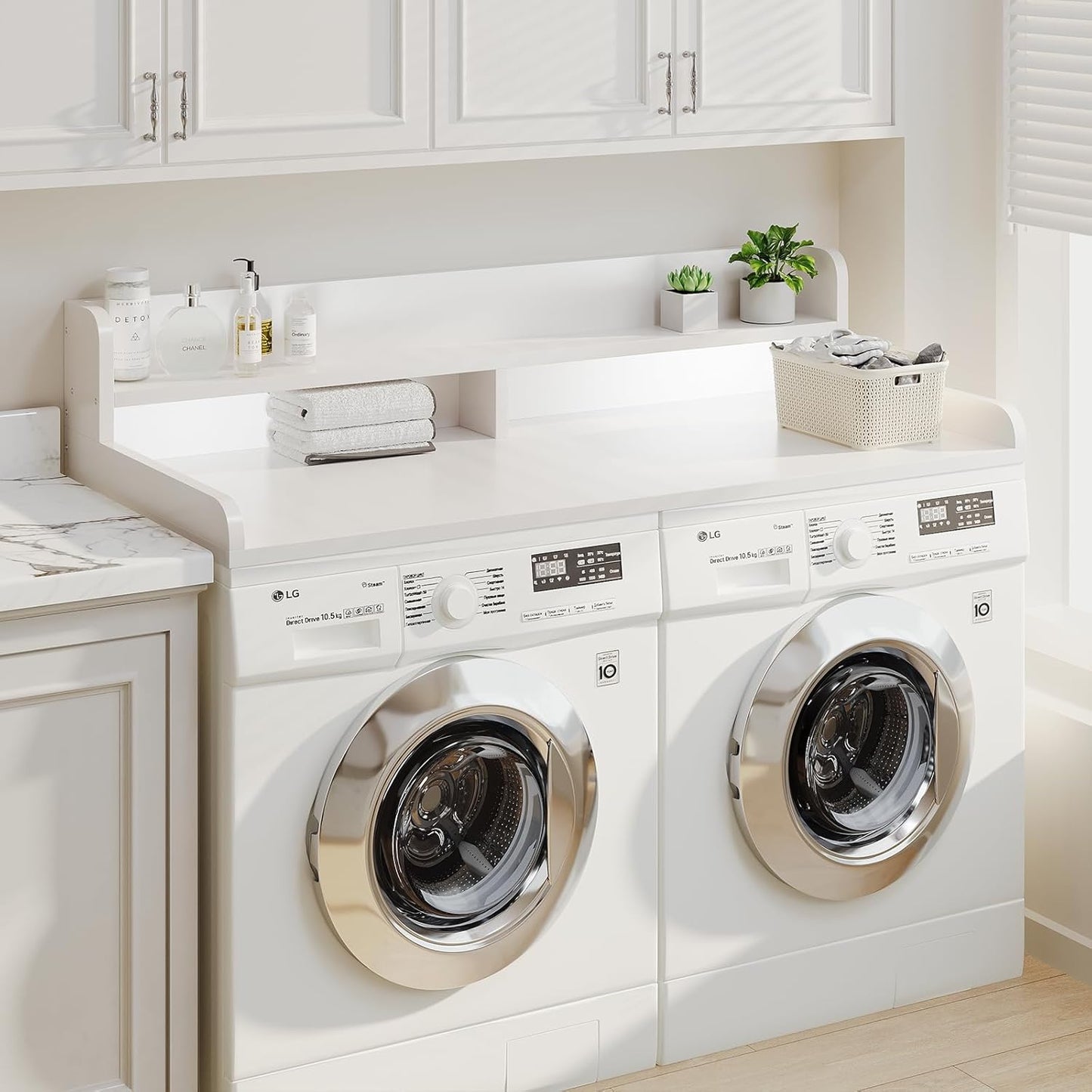 2-Tier Washer Dryer Countertop with 2.75" H Edge Rails, 58" W x 28" D Laundry Countertop for Folding Clothes, Washer and Dryer Topper with Non-Slip Pad (White)