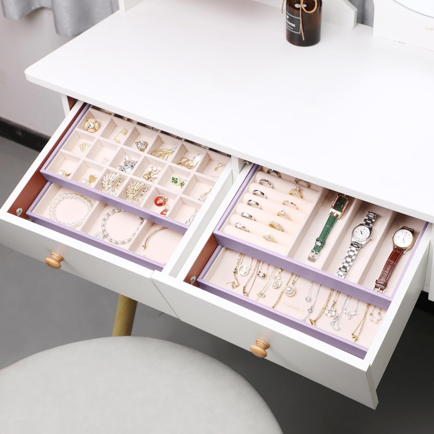 LANDICI Stackable Jewelry Organizer Trays 4 Set,PU Leather Jewelry Organizer Drawer,Jewelry Storage Display Tray for Earring Necklace Rings Bracelet with Removable Dividers,Lavender