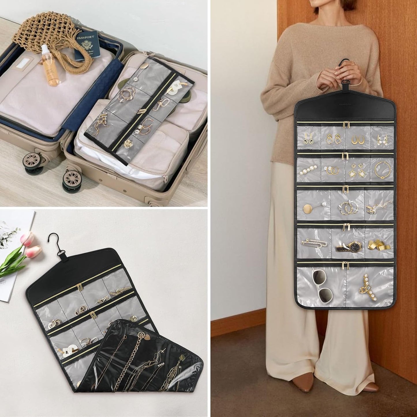 CHICECO Travel Jewelry Holder Organizer,Hanging Jewelry Organizer Storage with Zippered Pockets for Cloest,Jewelry Holder for Earrings, Necklaces (Grey Black)