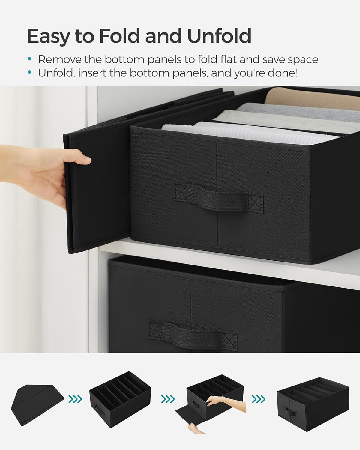 SONGMICS Set of 4 Large Size Wardrobe Clothes Organizers, 6-Compartment Foldable Drawer Organizers with Handles, 16.5 x 11.8 x 6.7 Inches, for Pants, Sweaters, Jeans, Ink Black URUS009B04