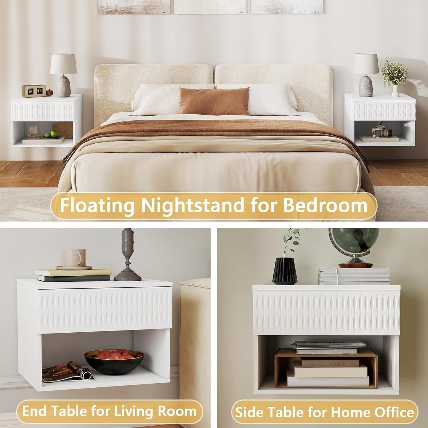 Vibe & Dine Floating Nightstand Set of 2, Wall Mounted Night Stand with Spiral Pattern Design, Modern Bedside Tables with Drawers for Bedroom, Easy Assembly, White