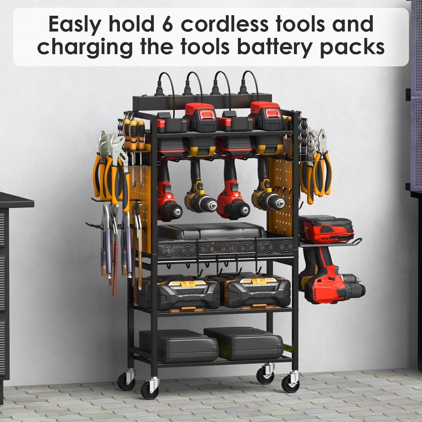CCCEI Power Tool Organizer Cart with Charging Station, Garage Floor Rolling Storage Cart on Wheels for Mechanic, Mobile 6 Drill, Tool Box Utility Cart with Power Strip, Yellow.