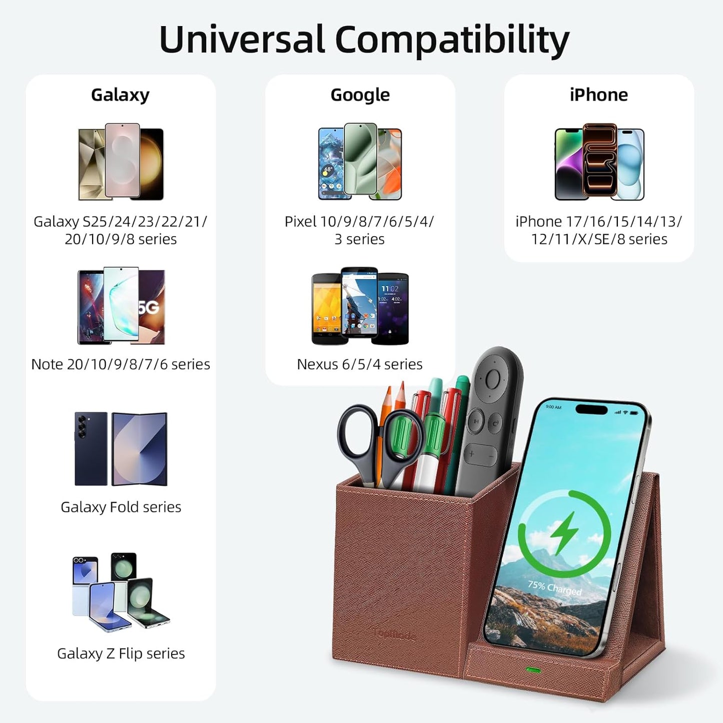 TopMade Wireless Charger with Pen Holder, Multi-functional Desktop Organizer and Storage, Home Office Supplies Desk Accessories, Pencil/Remote Holder with Fast Charging Phone Stand (Brown)