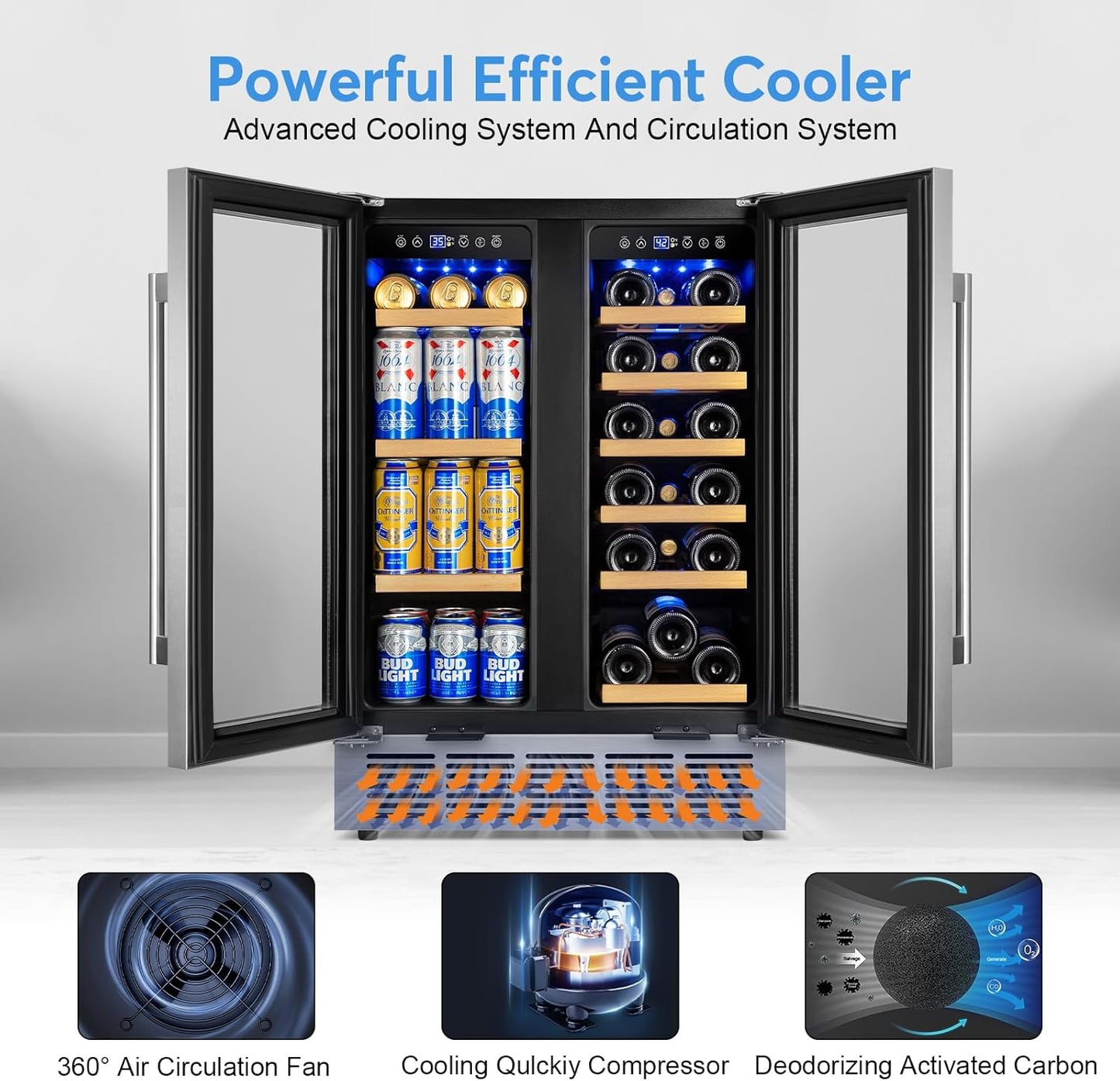 Wine and Beverage Refrigerator with Glass Door, 24-Inch Dual Zone Wine Fridge Under Counter - 18 Bottle and 88 Can Large Capacity Led Blue Light Smart Fast Cooling Wine Cooler
