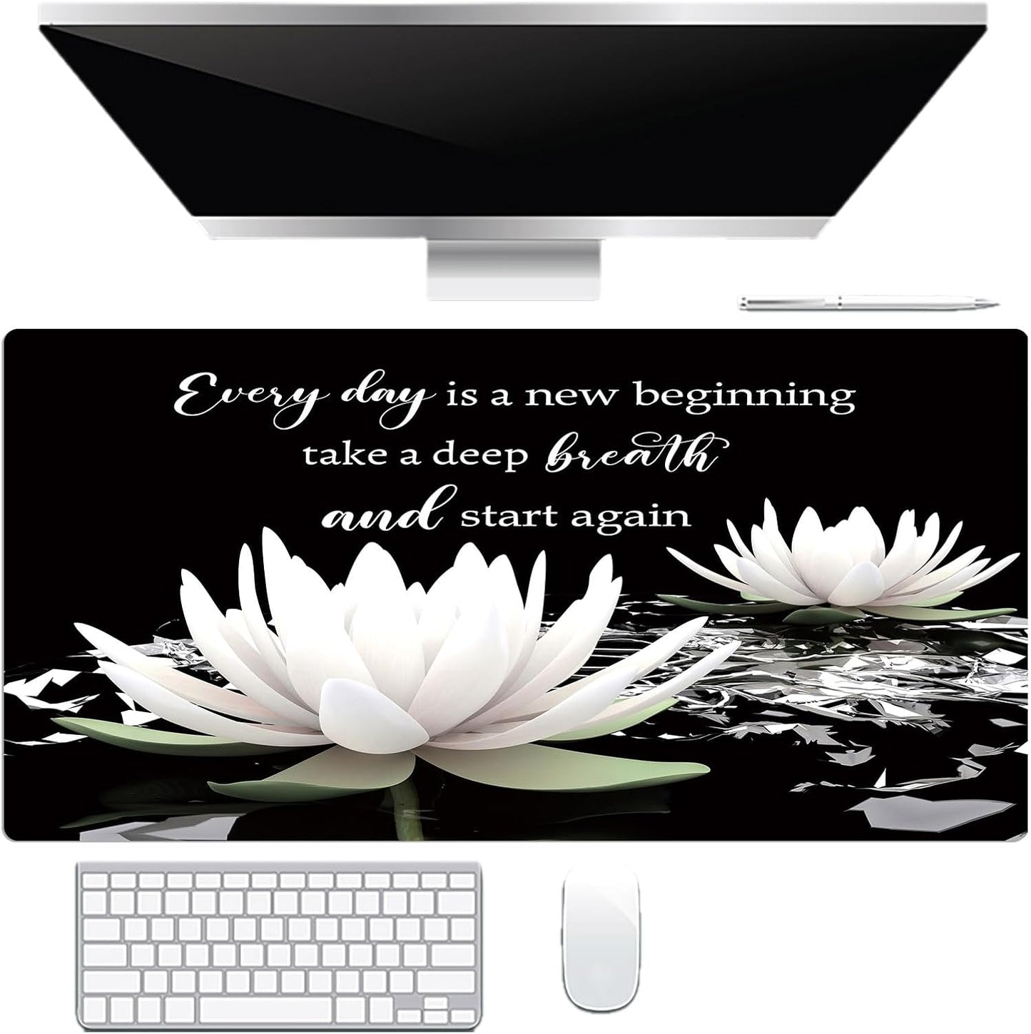LB Black and White Floral Mouse Pad Plant Flower with Inspirational Quotes Large Mouse Pad for Desk Modern Aesthetic Desk Pad for Office and Home Non-Slip Rubber Base Mouse Mat 15.75L X 31.5W Inch