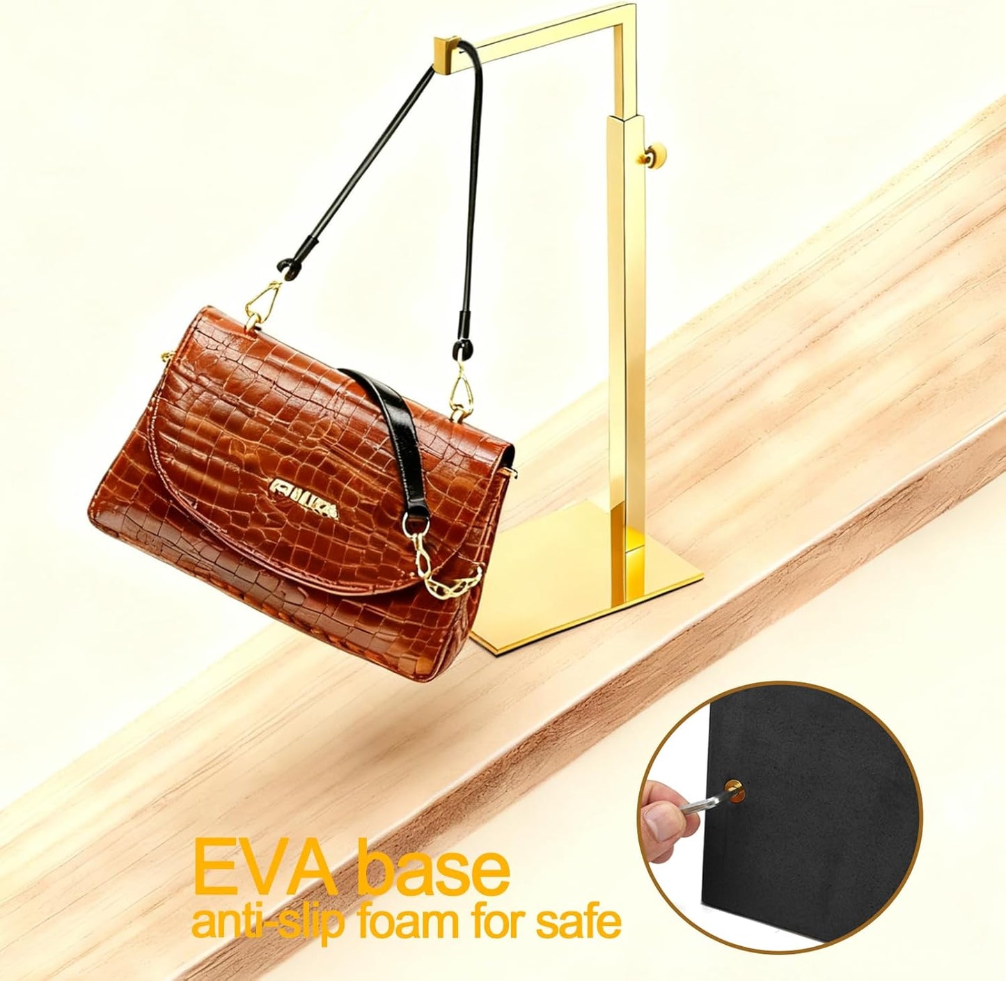 Gold Purse Display Stand, 2 Pack Handbag Display Stand Adjustable Height Stainless Steel Stability Non-slip Base, Large Bags Display Rack Luxury Purse Holder for Table Retail Closet