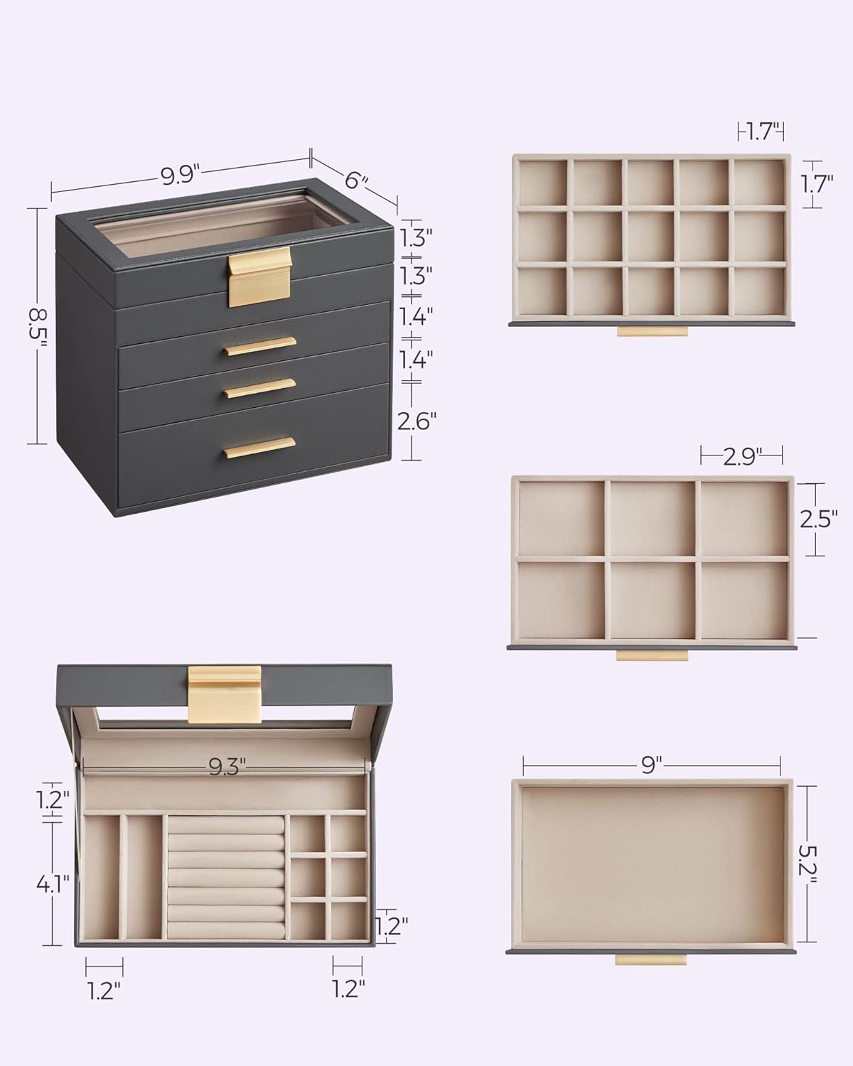 SONGMICS Jewelry Box Organizer with Glass Lid, 4-Layer Jewelry Storage, with 3 Drawers, Modern Style, Christmas Gift, 6 x 9.9 x 8.5 Inches, Gray and Gold Color UJBC161C01