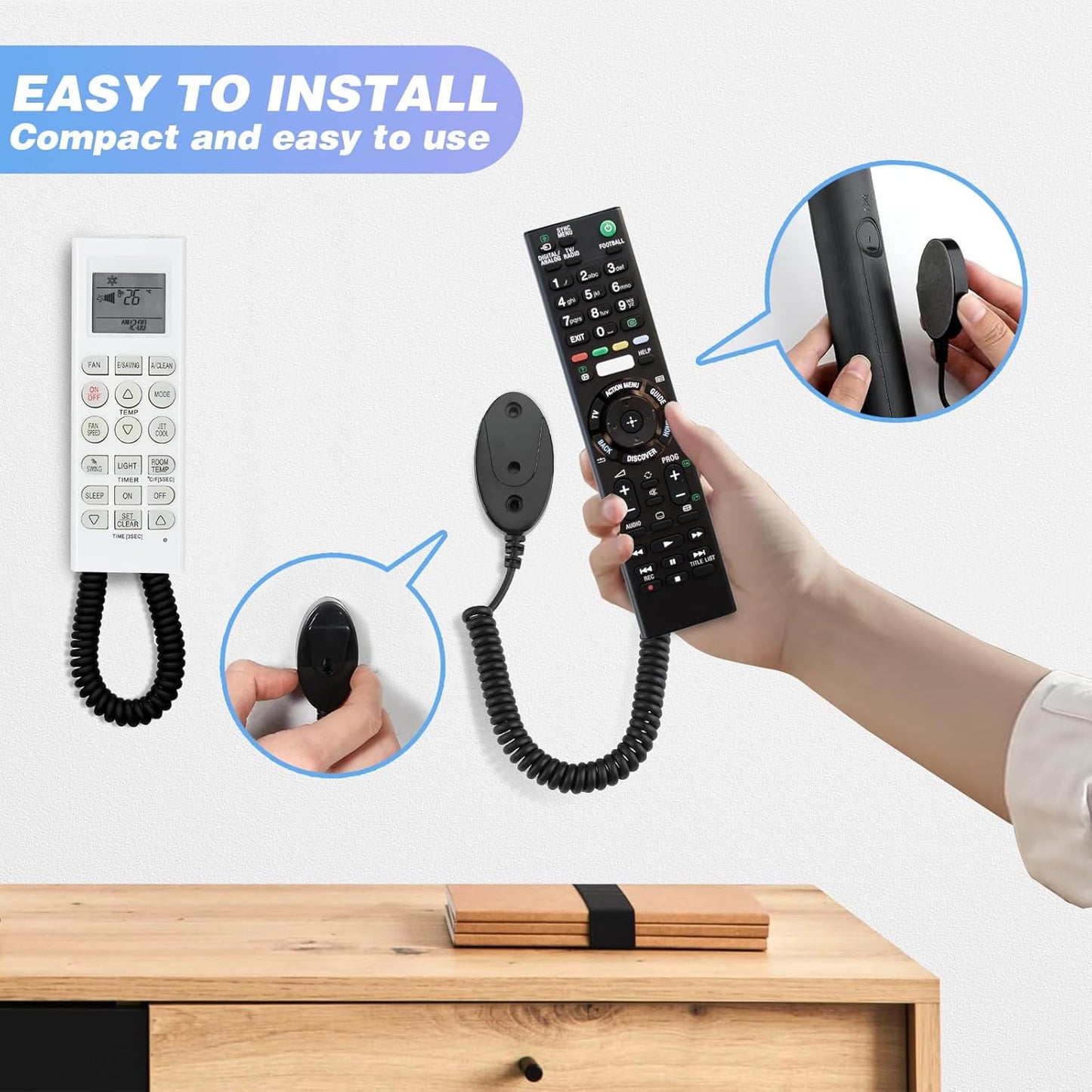 Magnetic Remote Control Holder with Retractable Cord, Anti-Loss Wall Mount Adhesive for TV, Couch, Bedside Table, Strong Spring Rope Organizer for Small Items, 2-Pack Black