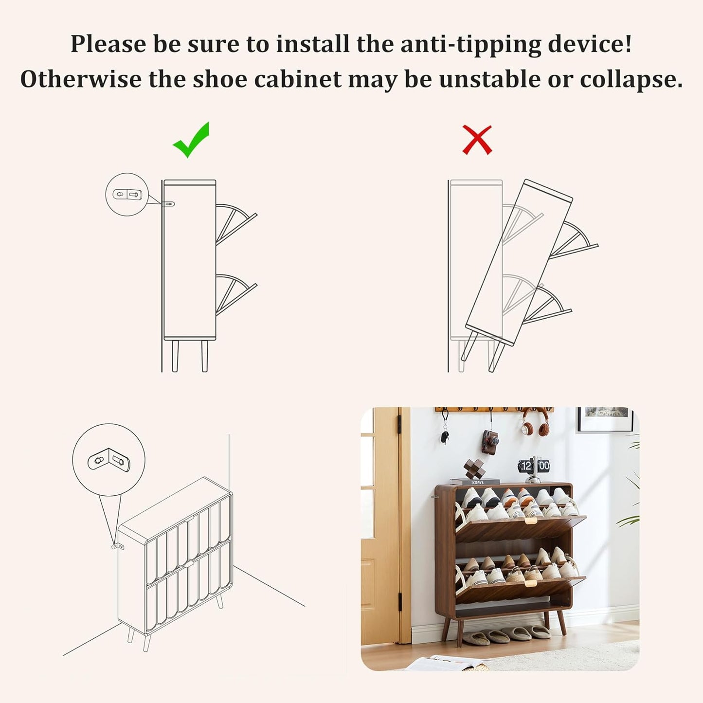 Shoe Storage Cabinet for Entryway with 2 Flip Drawers, Freestanding Narrow Wood Shoe Cabinet with Wave Panel, Hidden Shoe Organizer for Foyer, Hallway (Walnut)