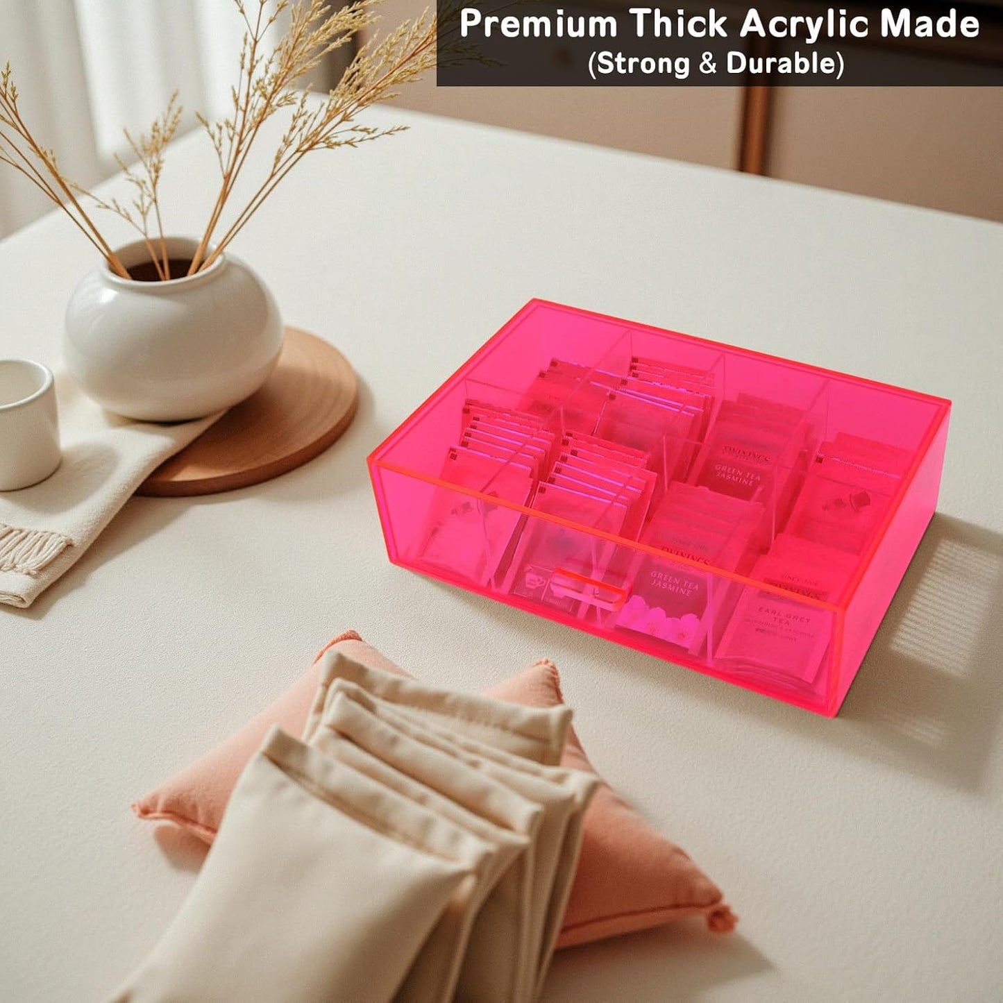Acrylic Tea Bag Organizer and Storage Box Stackable Tea Bag Holder with Drawer for Countertop, Neon Pink