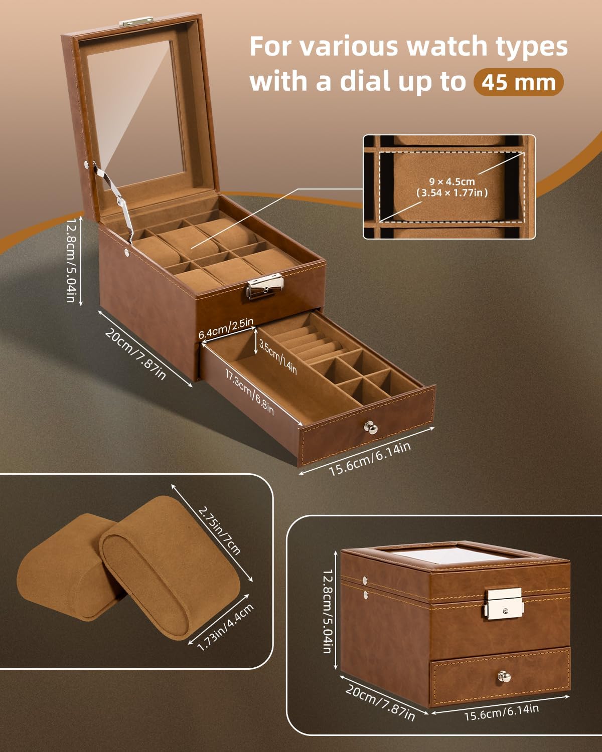 Uten 6-Slot Watch Box, 2-Layers PU Leather Watch Case with Glass Lid, Watch Holder Organizer with Soft Pillow and Velvet Lining, Watch and Jewelry Storage Box, Brown