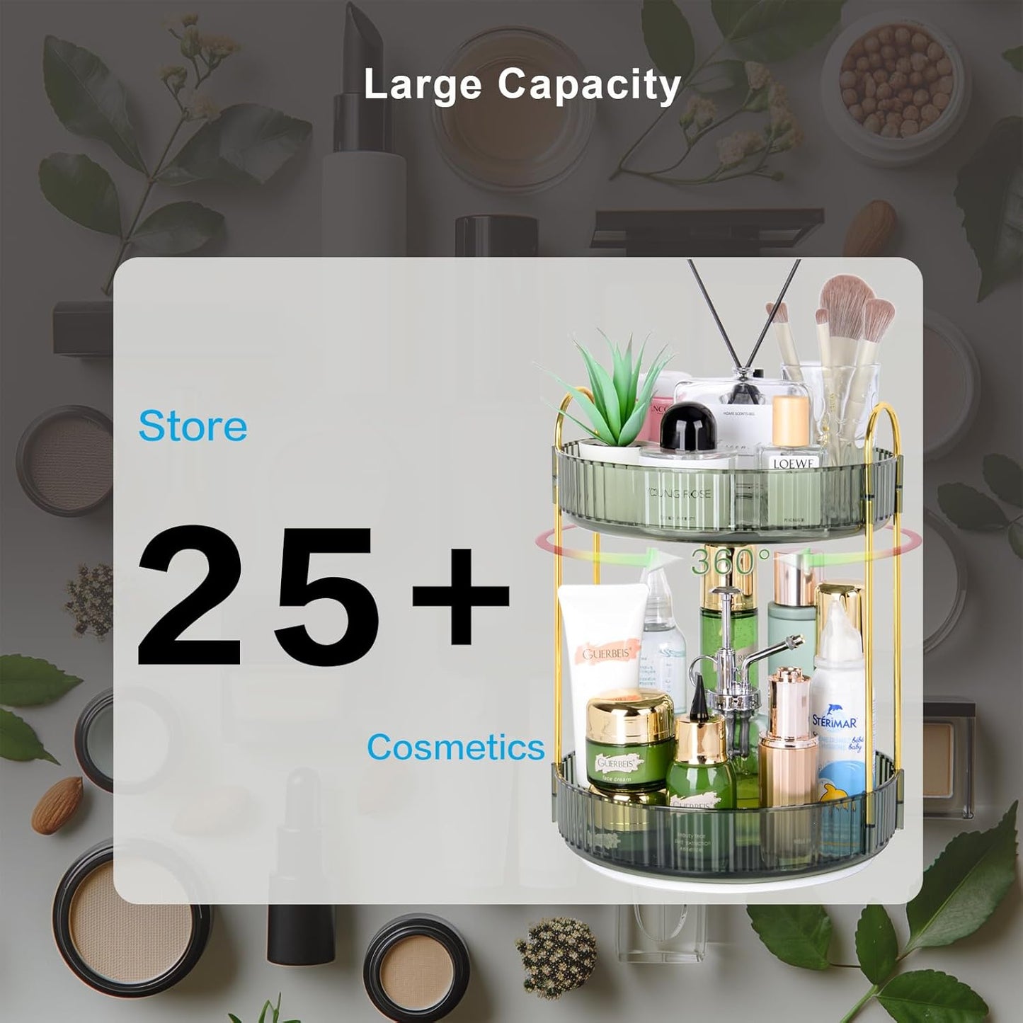 360 Rotating Makeup Organizer, 2 Tier Lazy Susan Bathroom Counter Organizer, Skincare Organizers, Spinning Perfume Organizer & Vanity Organizer Countertop (Gem Green, 2 Tier)