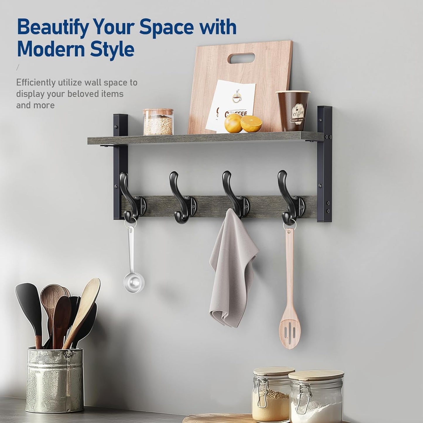 Tatub 20" Rustic Coat Rack Wall Mount with Shelf, Wall Hooks with Shelf, Heavy Duty Entryway Organizer Hangers for Hanging, Hat, Bag, Jacket for Bathroom, Living Room, Bedroom, Ebony