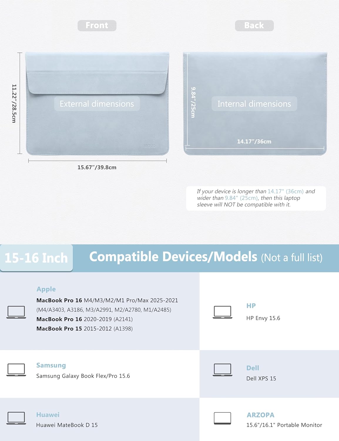HYZUO 15-16 Inch Laptop Sleeve Bag with Adjustable Stand Feature for MacBook Pro 16 M4/M3/M2/M1 2025-2019, XPS 15, MacBook Pro 15 2015-2012, Case with Pouch, Pale Blue