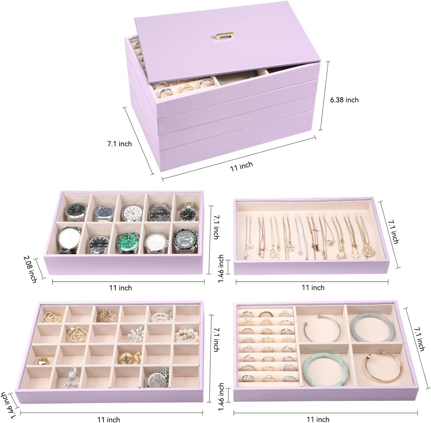 Voova Stackable Jewelry Organizer Tray with Lid, PU Leather Jewelry Storage Holder for Drawer Inserts, Jewellery Display Box Case for Earring Necklace Ring Watch Bracelet (Set of 4, Lavender)