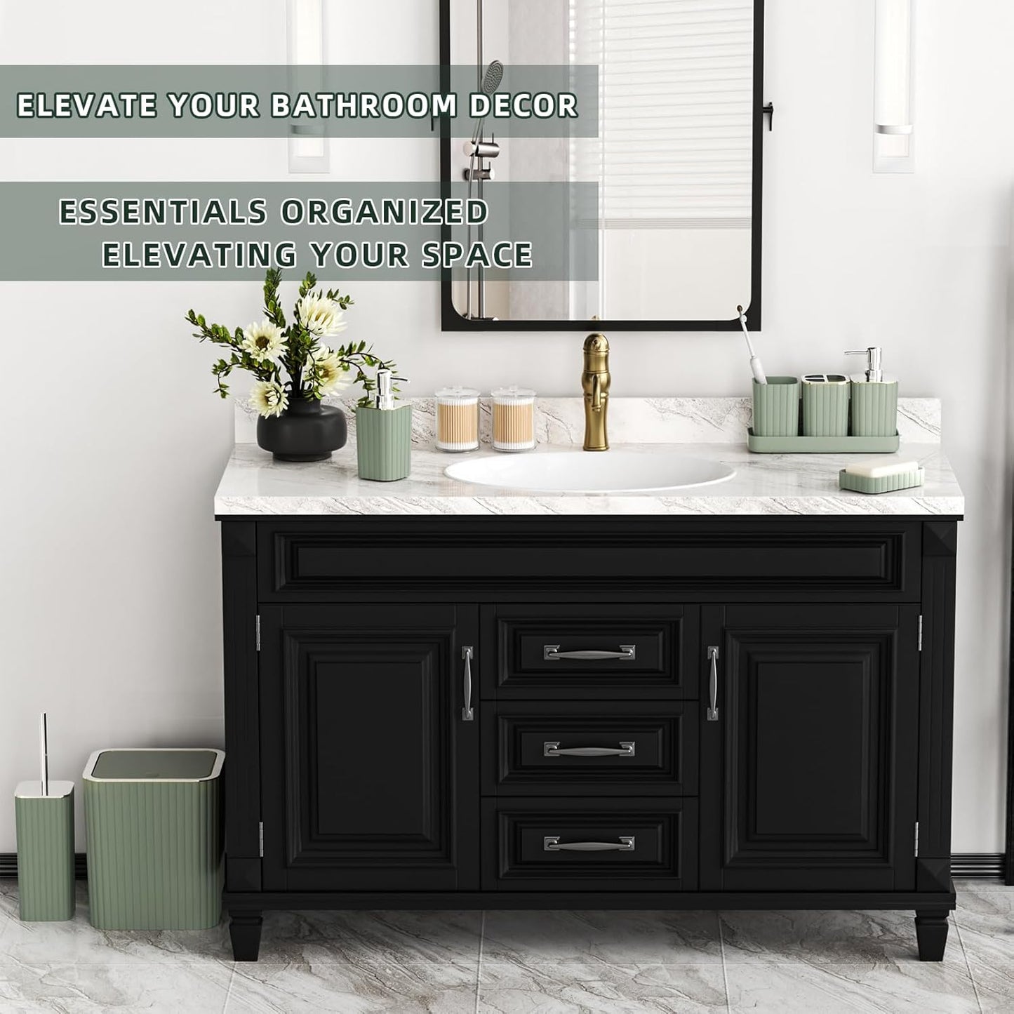 Bathroom Accessories Set - Gorgeous Sage Green Bathroom Set, 10PC Bathroom Accessory Set, Toilet Brush, Trash Can, Qtip Holder Dispenser & Soap Dispenser