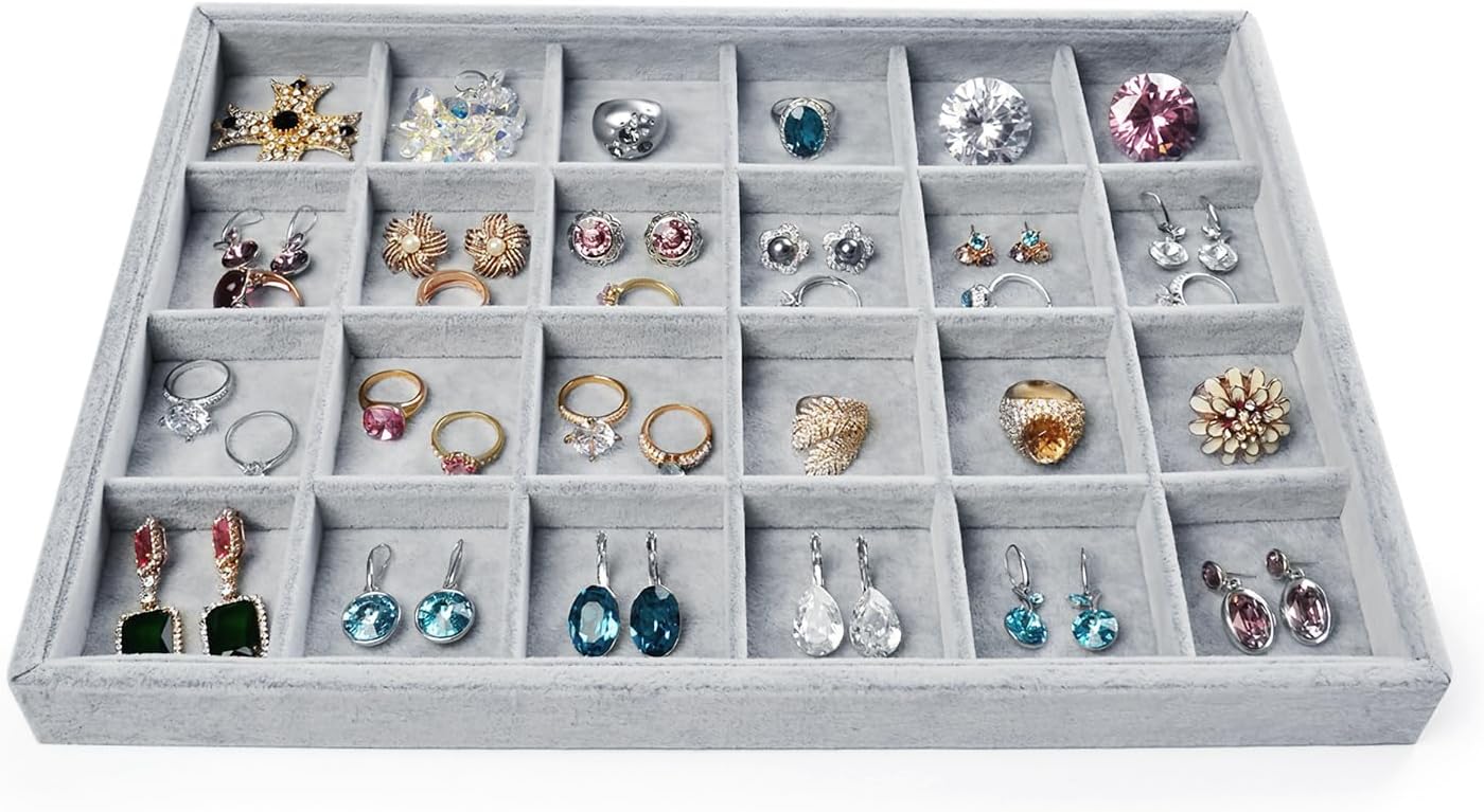 Oirlv 24 Grid Ice Velvet Jewelry Drawer Organizer Tray Stackable Jewelry Trays Removable Dividers for Rings Earring Storage Display