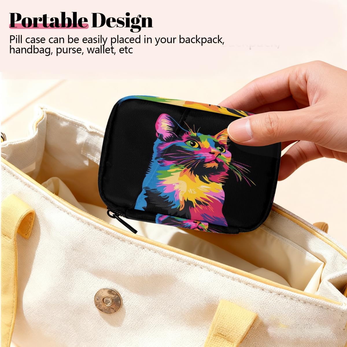 Abstract Art Colorful Cat Pill Organizer Travel Medicine Case with Zipper Daily Vitamin Storage Bag Portable 8 Slot Weekly Pill Box Supplement Holder for Home Office Gym Travel