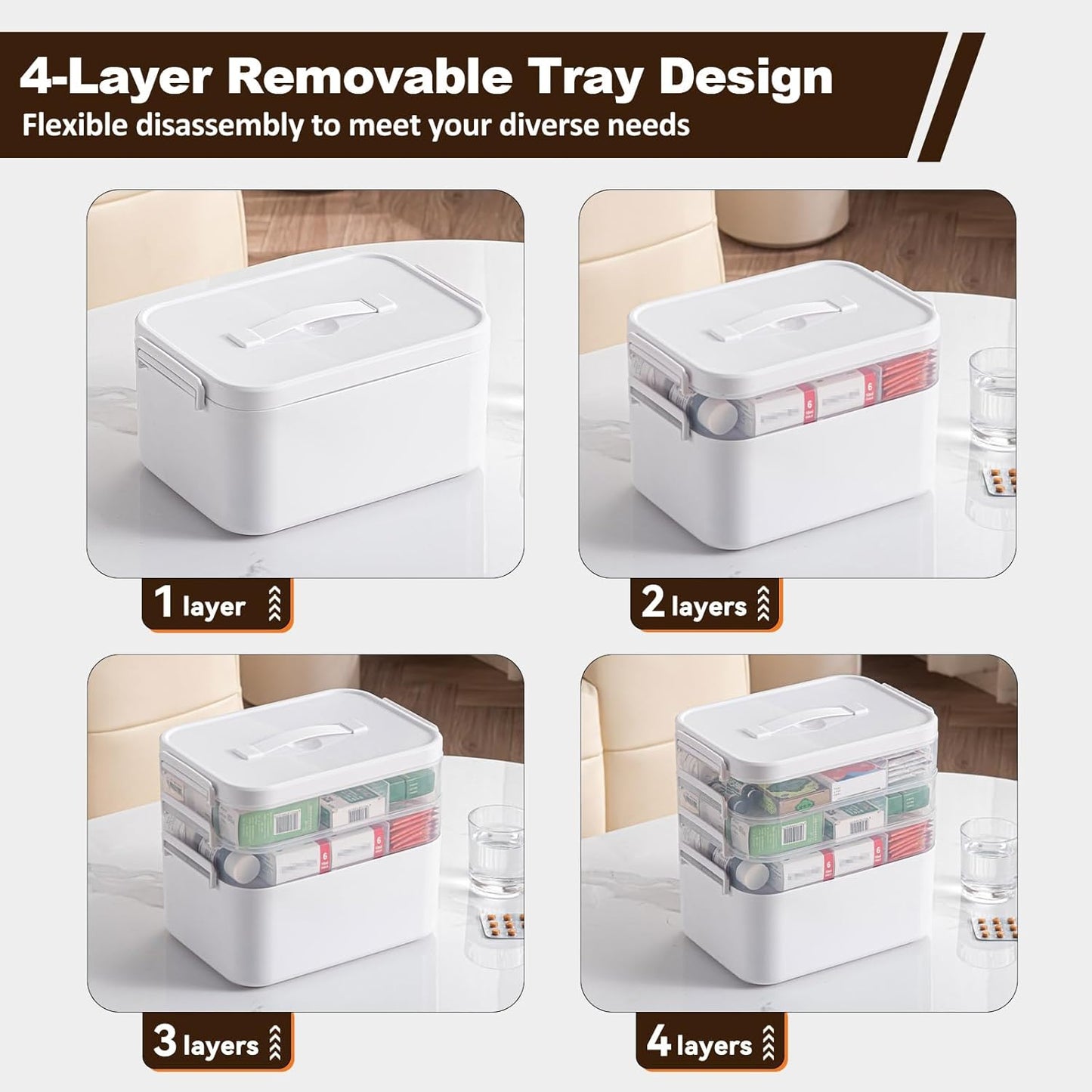 4-Tier Portable Medicine Cabinet Organizer, Large Medicine Storage Box with Handle, Plastic First Aid Box Empty, Multipurpose Medical Supply Organizer, Medication Storage with 3 Removable Tray