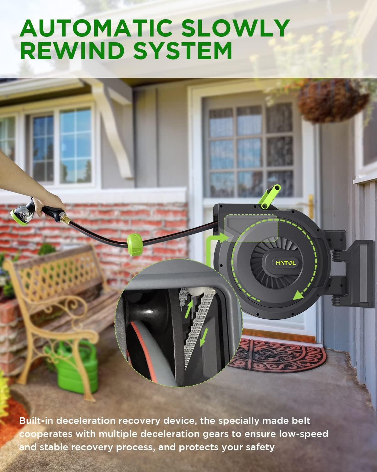 Retractable Garden Hose Reel, 1/2 Inch x 100 ft + 6 ft Wall Mount Hose Reel with Automatic Slow Rewind System, Any Length Lock, 10 Patterns Hose Nozzle, 180°Swivel Bracket, for Garden Watering