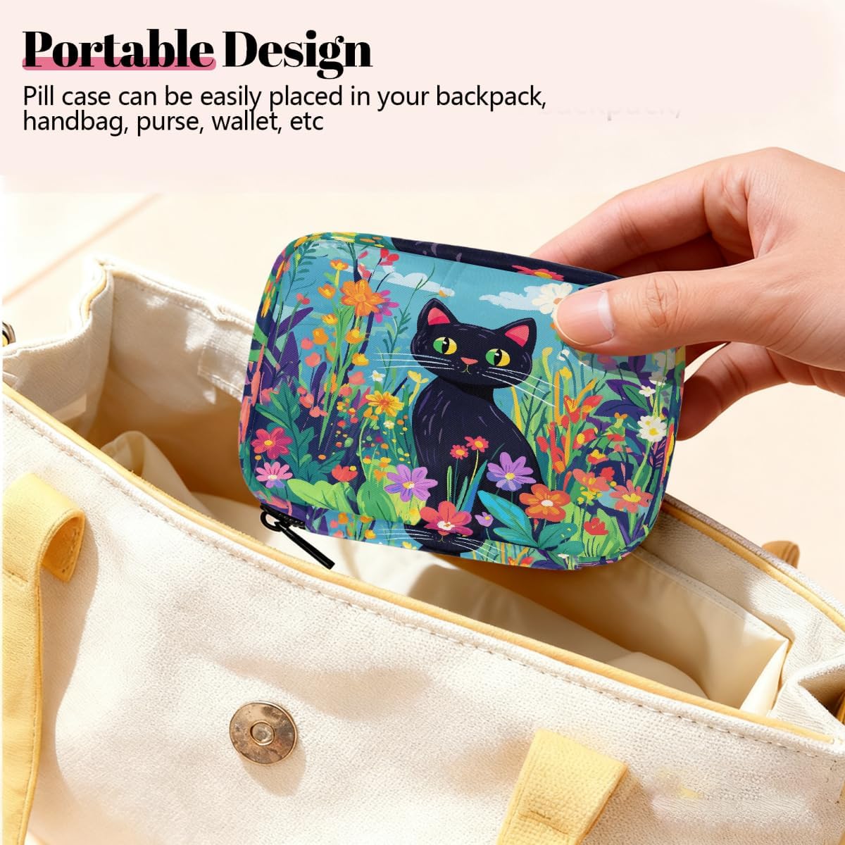 Art Painting Flower Cat Pill Organizer Travel Medicine Case with Zipper Daily Vitamin Storage Bag Portable 8 Slot Weekly Pill Box Supplement Holder for Home Office Gym Travel