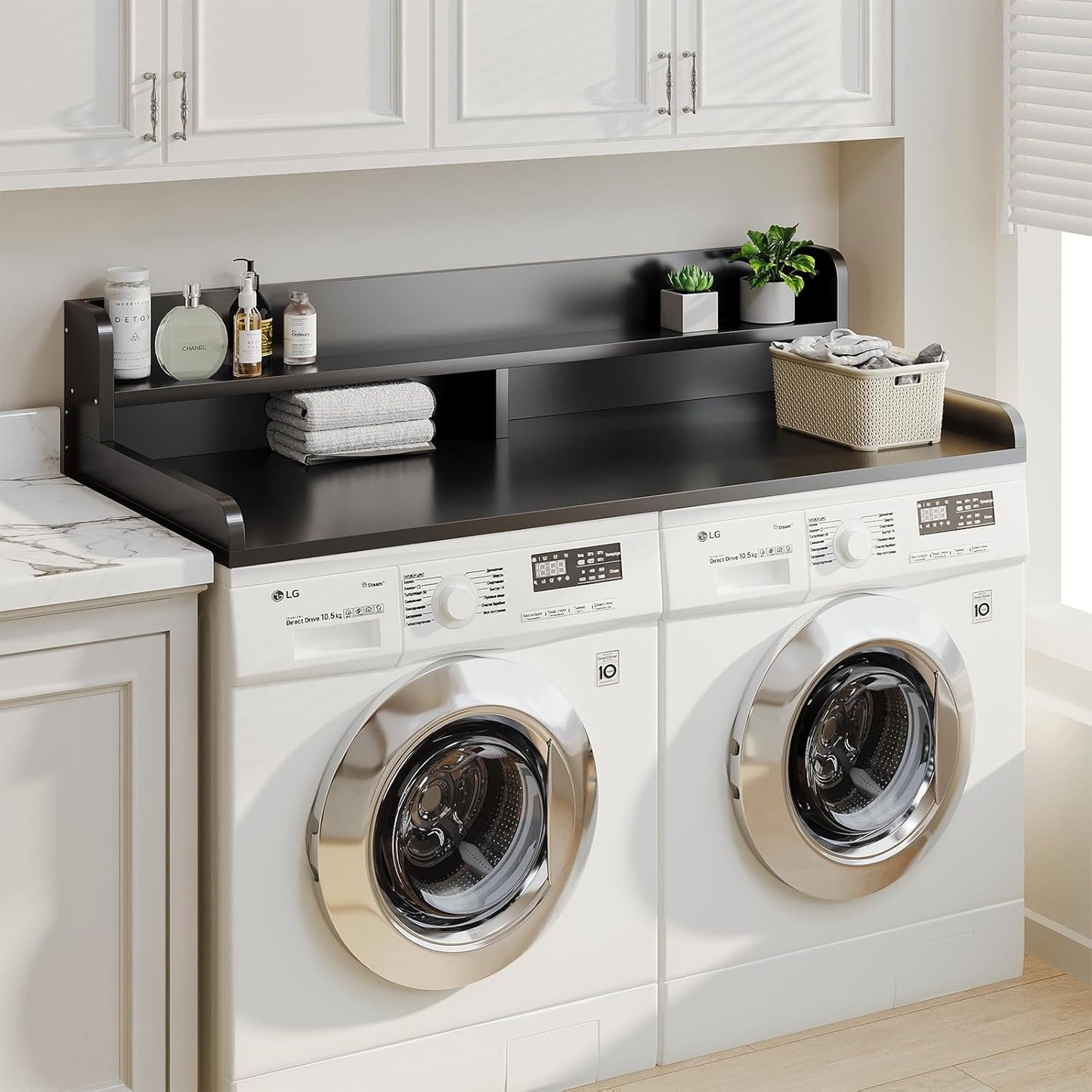 2-Tier Washer Dryer Countertop with 2.75" H Edge Rails, 58" W x 28" D Laundry Countertop for Folding Clothes, Washer and Dryer Topper with Non-Slip Pad (Black)