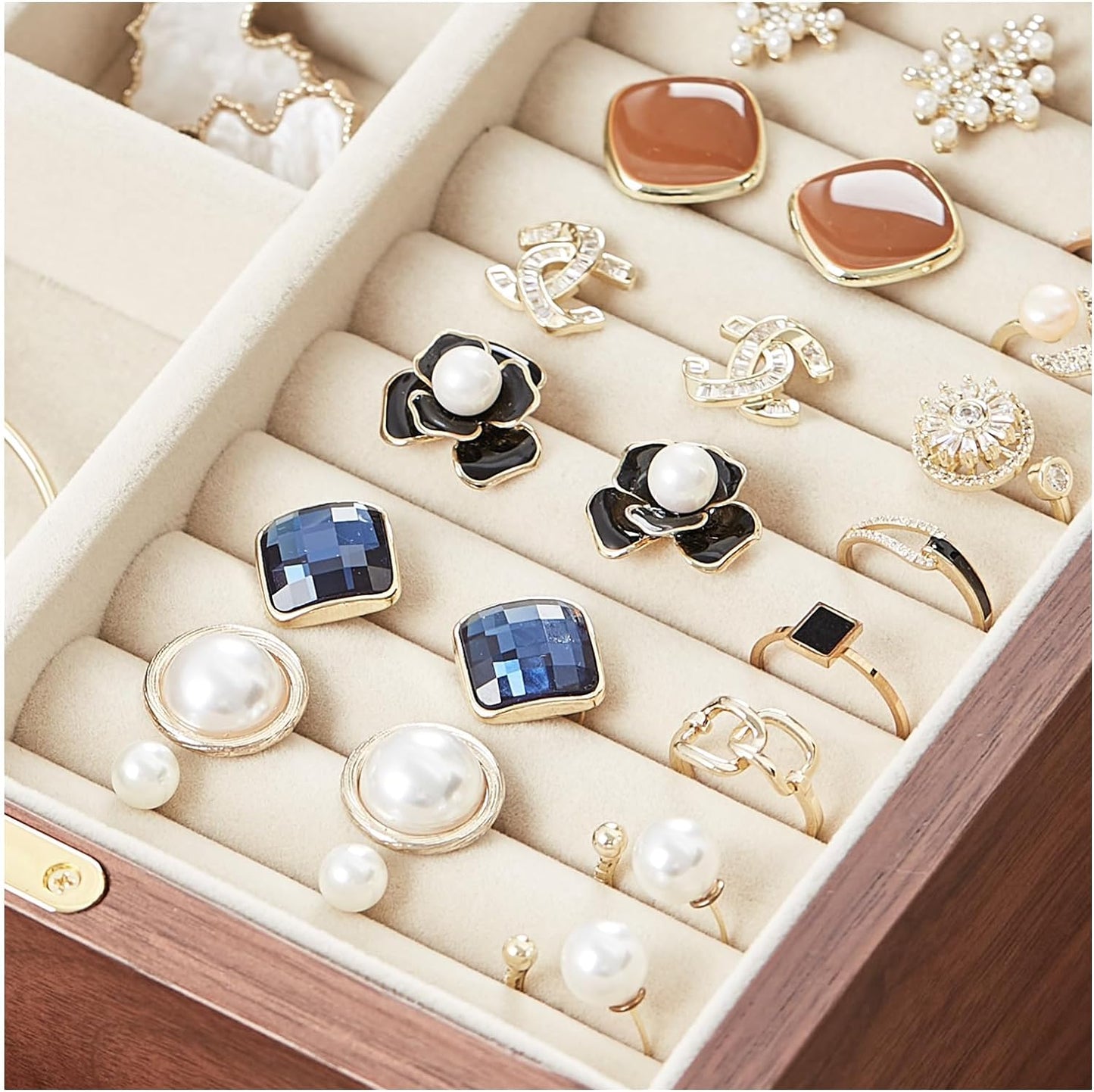 Black Walnut Wooden Jewelry Box Women large 5 Layer Drawer Wood Organizer Box with Glass Lid for Necklaces, Watch, Necklace, Ring, Earring Storage - Christmas Gifts