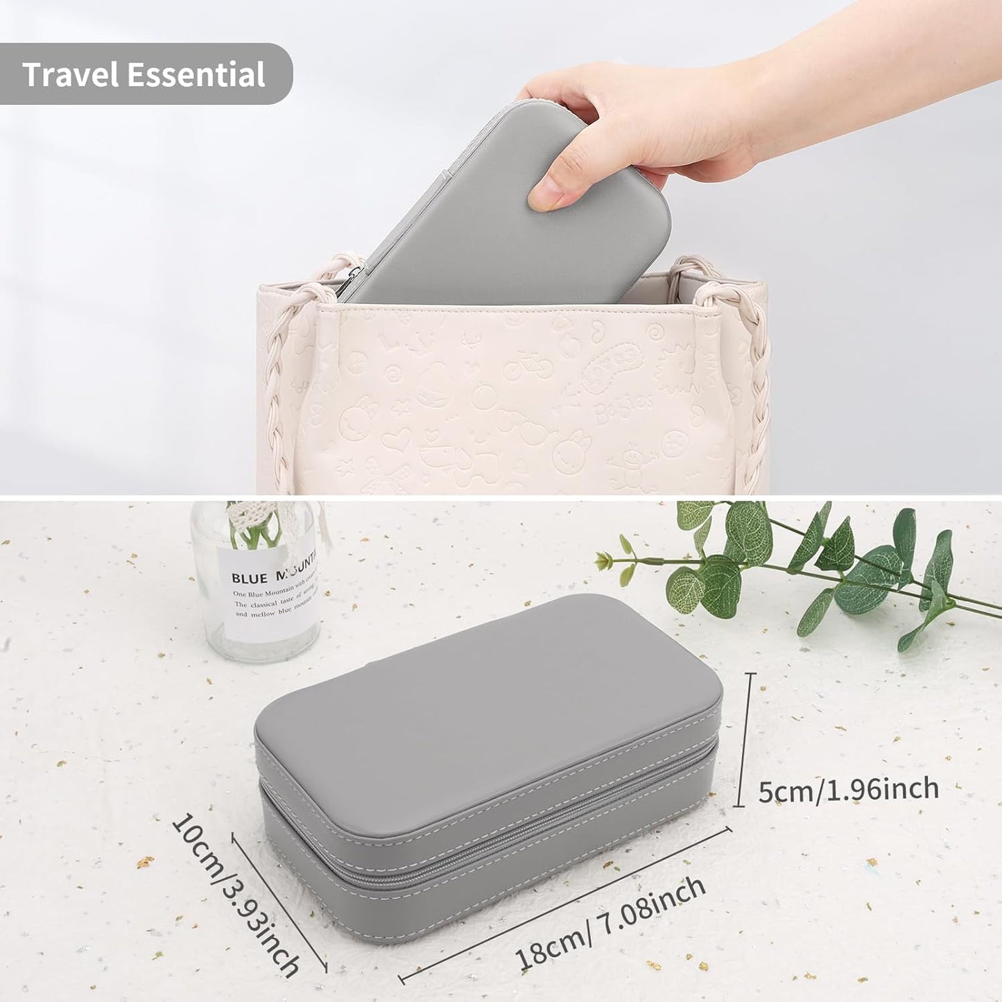 DesignSter Travel Jewelry Box, PU Leather Portable Jewelry Case, Small Jewelry Boxes for Gifts, Travel Jewelry Organizer for Women Rings Earrings Necklaces Bracelets (Gray)