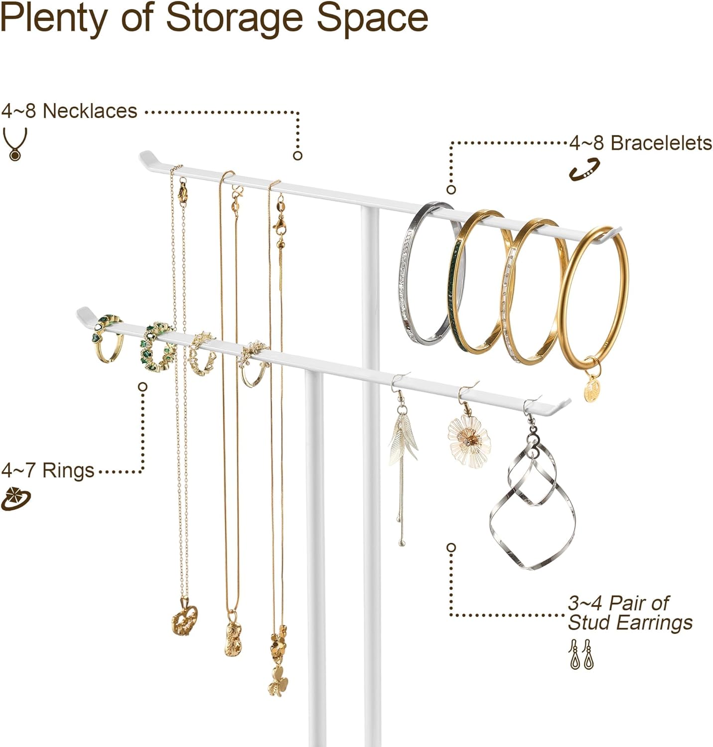 pickpiff Necklace Holder Jewelry Organizer Stand – 2‑Tier T‑Bar Jewelry Display Tree with Tray for Countertop Necklace Bracelet Earring Storage, Vanity Dresser Bathroom Sink, White