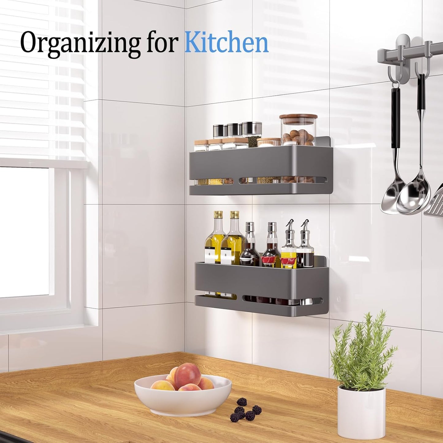 Shower Shelf, 2-Pack, Heavy-Duty Bathroom Storage Shelf, Large Capacity No-Drill Bathroom Organizer, Gray Metal Storage Basket, Adhesive Installation