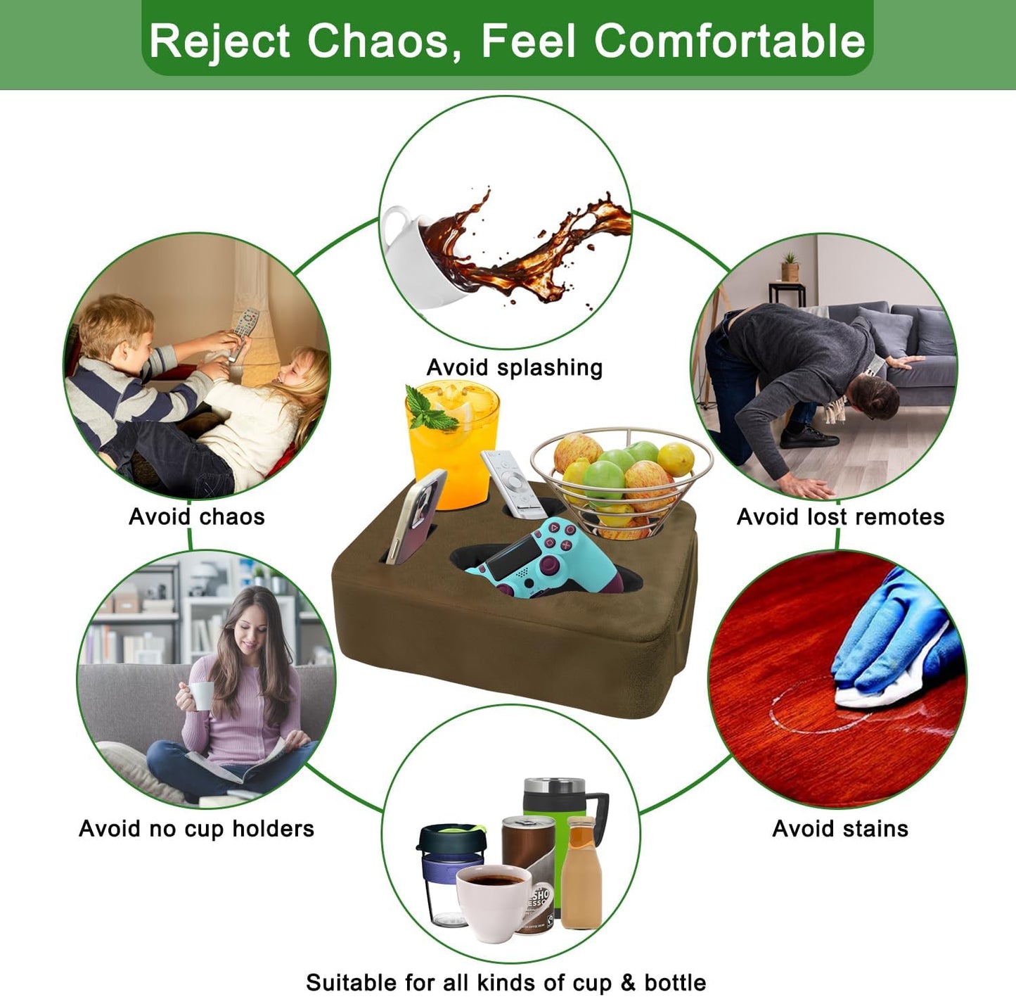 Couch Bed Cup Holder Pillow, Nisdoing 5 Hole Couch Drink Holder! Keep Drinks Hand Side and KeepTemp, Prevent Spills and Use Anywhere.Cup Holder for Couch, Bed,Camping,RV,Car,Beach.Brown