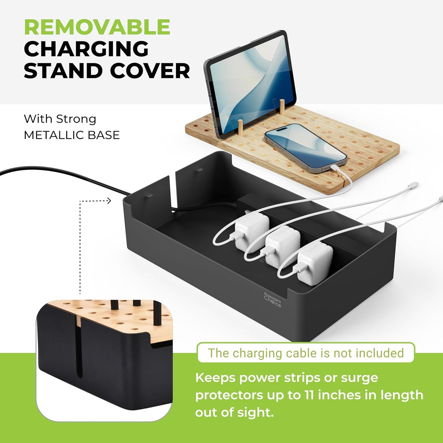 Prosumer's Choice Black Wooden Charging Station Organizer for Multiple Devices - Cable Management Box with 5 Slots and Removable Dividers - Charger Organizer for Phone, Tablet, Home, Office, 12"x6"x7"