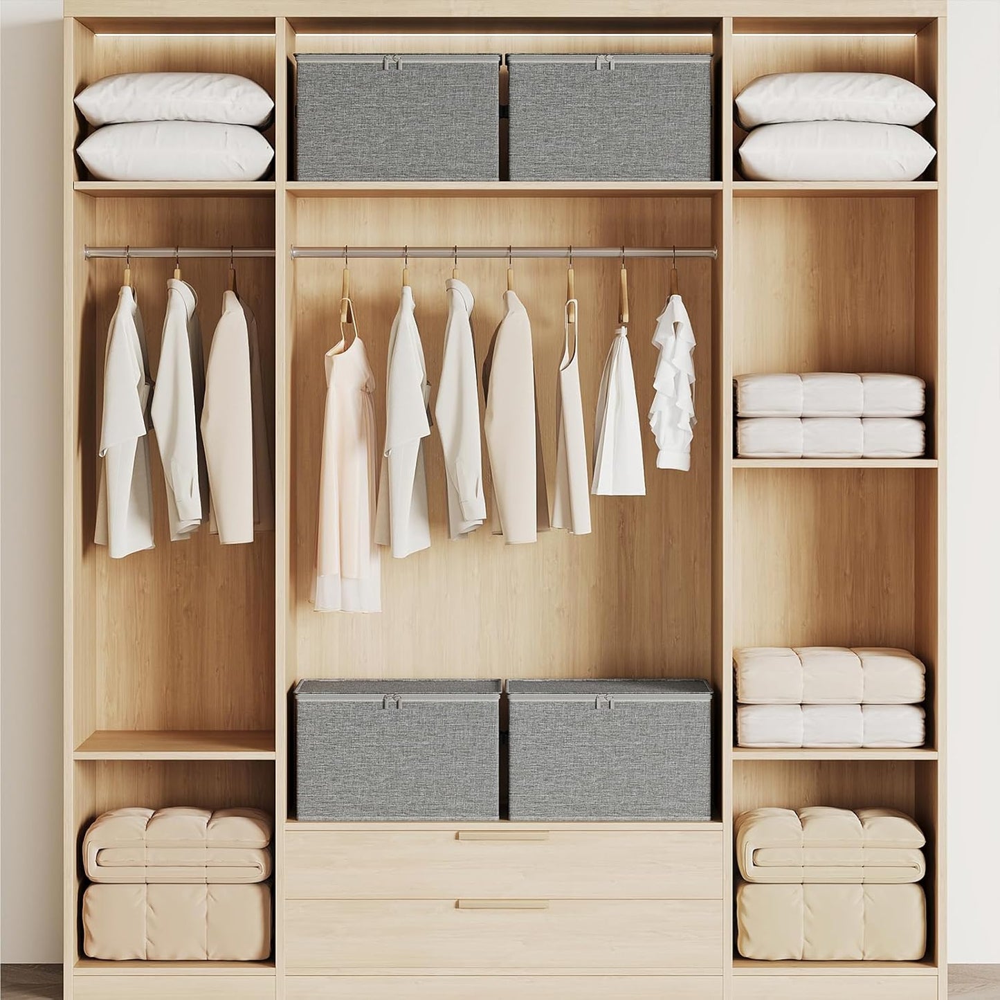 Large Clothes Storage Bins with Sturdy Frame, Foldable Clothing Organizer Box, Sweater Storage Cube with Lids and Zipper, Fabric Bedding Storage Bags for Blankets, Seasonal Clothes, Comforter