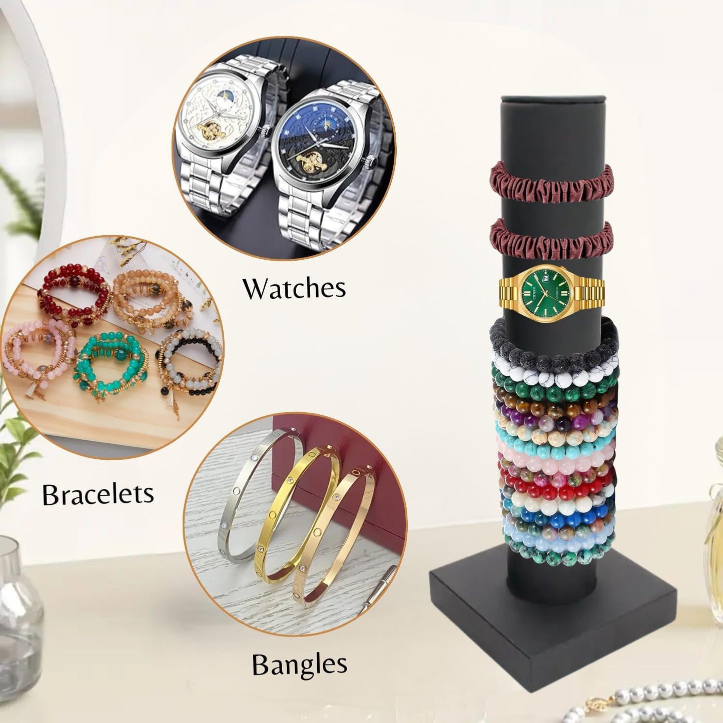 Novel Box Black Leatherette Vertical Bracelet/Bangle Display Tower - Jewelry Organizer Tower Stands for Bracelet Displays - Hair Tie Bangle Bracelet Watch Scrunchie Holder for Selling or Personal Use