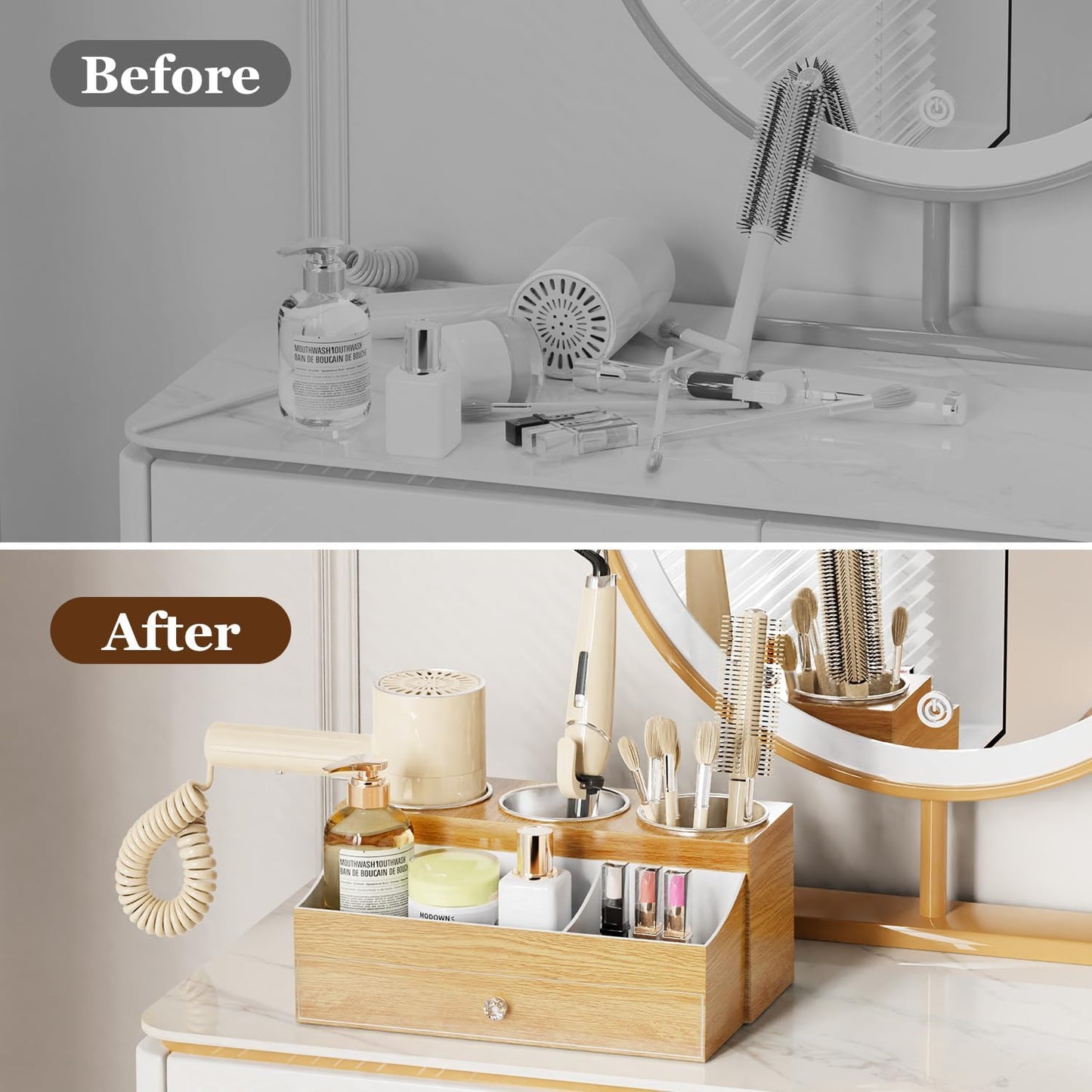Acrylic Hair Dryer Holder with Drawer, Bathroom Organizer Countertop Drawers with 3 Stainless Cups, Makeup Vanity Accessories, Hair Hot Tools Organizer, Toiletry, Wood