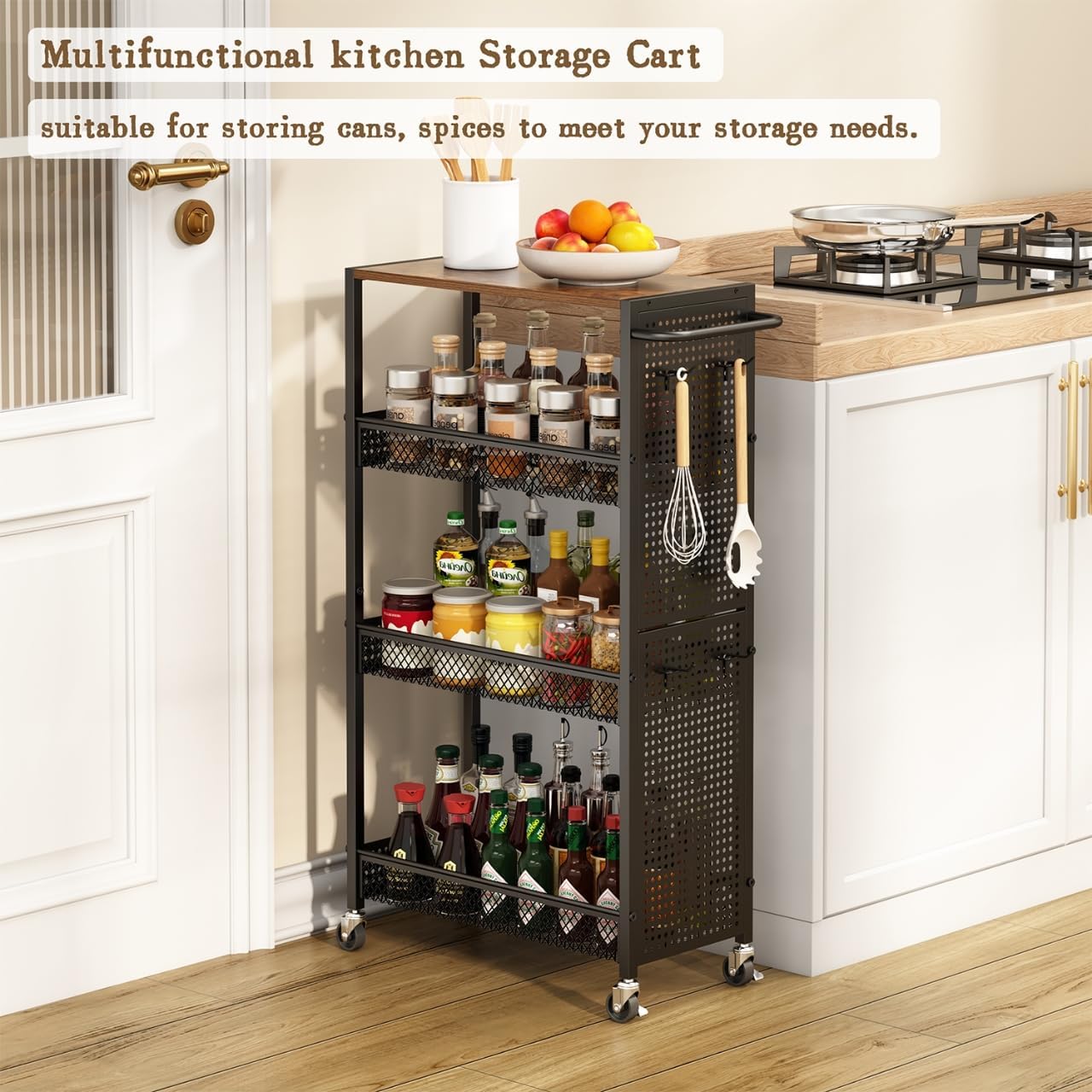 Utility Slim Storage Cart 4 Tier Small Rolling Kitchen Laundry Room Organization Cart with Wood Top Metal Narrow Laundry Room Shelves Cabinet Unit Laundry Organizer Trolley with Handle for Small space