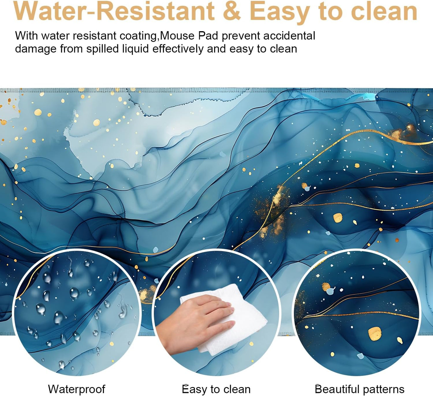 Large Mouse Pad, Blue Abstract Marble Desk Mat, Extended Gaming Mouse Pad with Non-Slip Rubber Base, Thick 3mm Smooth Surface Keyboard Mat for Office & Home,35.5 x 15.8 in