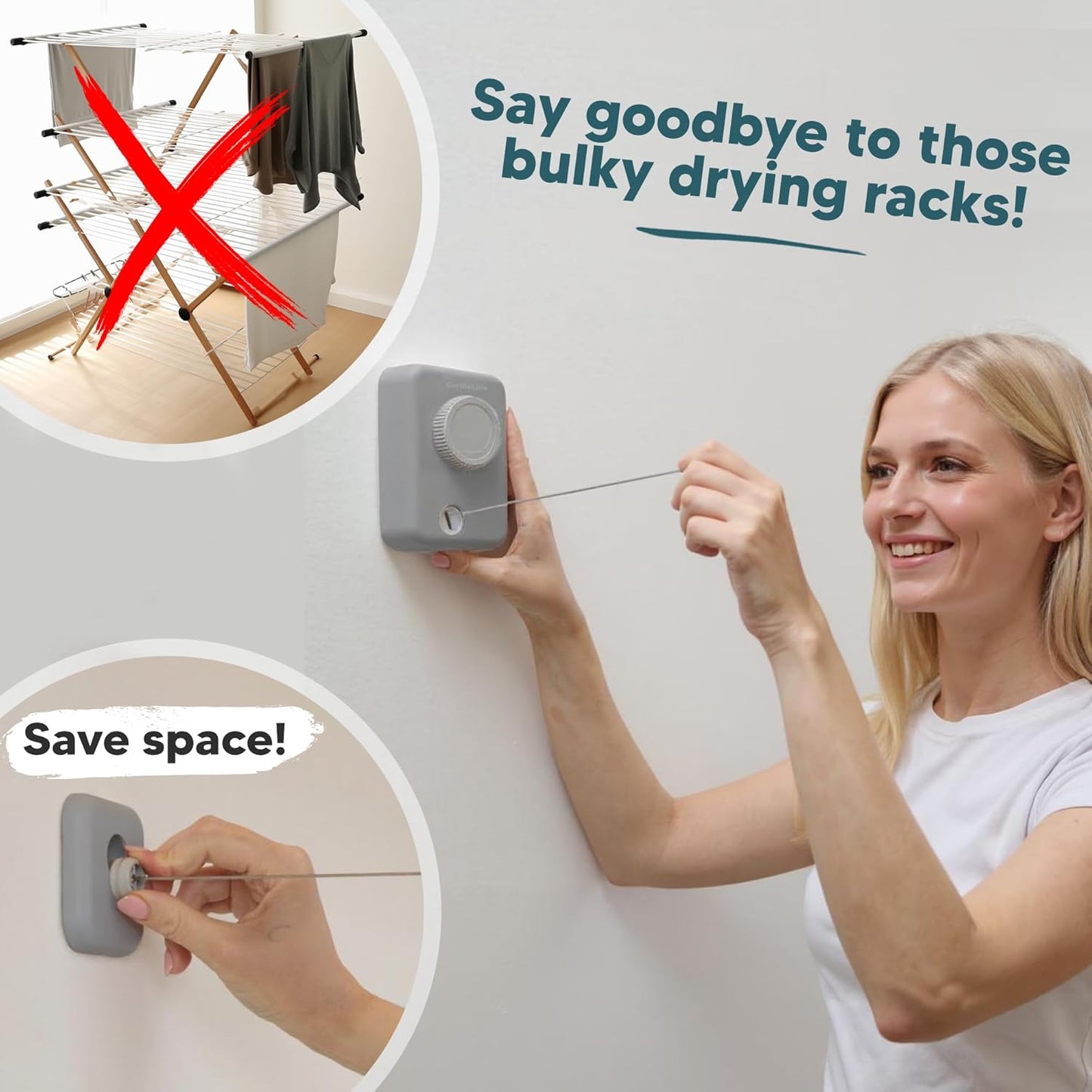 GorillaLine Max - Retractable Clothesline Indoor Outdoor Clothes Line - Heavy Duty Clothes Drying Laundry Line - Wall Mounted Drying Rack - Air Dry Clothing - Max Tighten with GorillaGrip