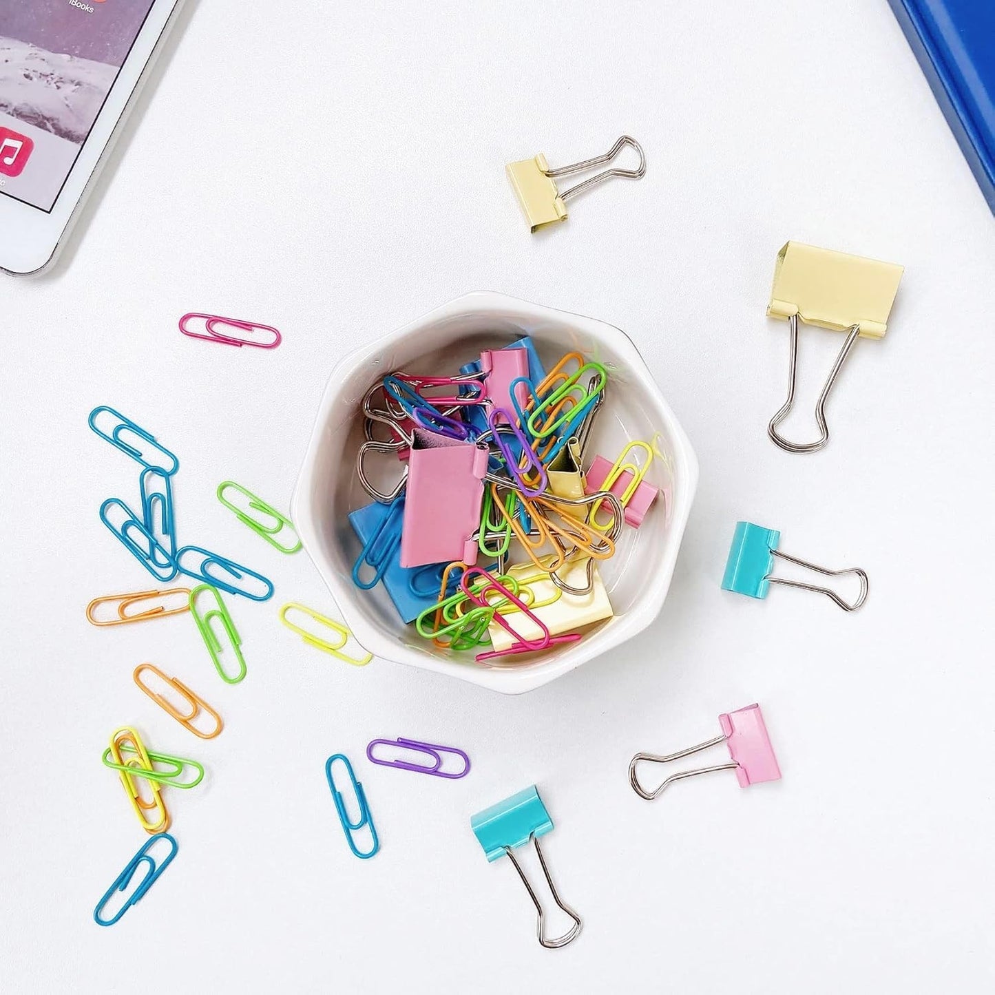 Ceramic Paper Clip Holder Gold Line Paper Clip Dispenser Organizer for Desk Cute Floral Pattern Office Binder Clip Holder Bobby Pin and Hair Clip Holder Gift for Office (Purple Red)