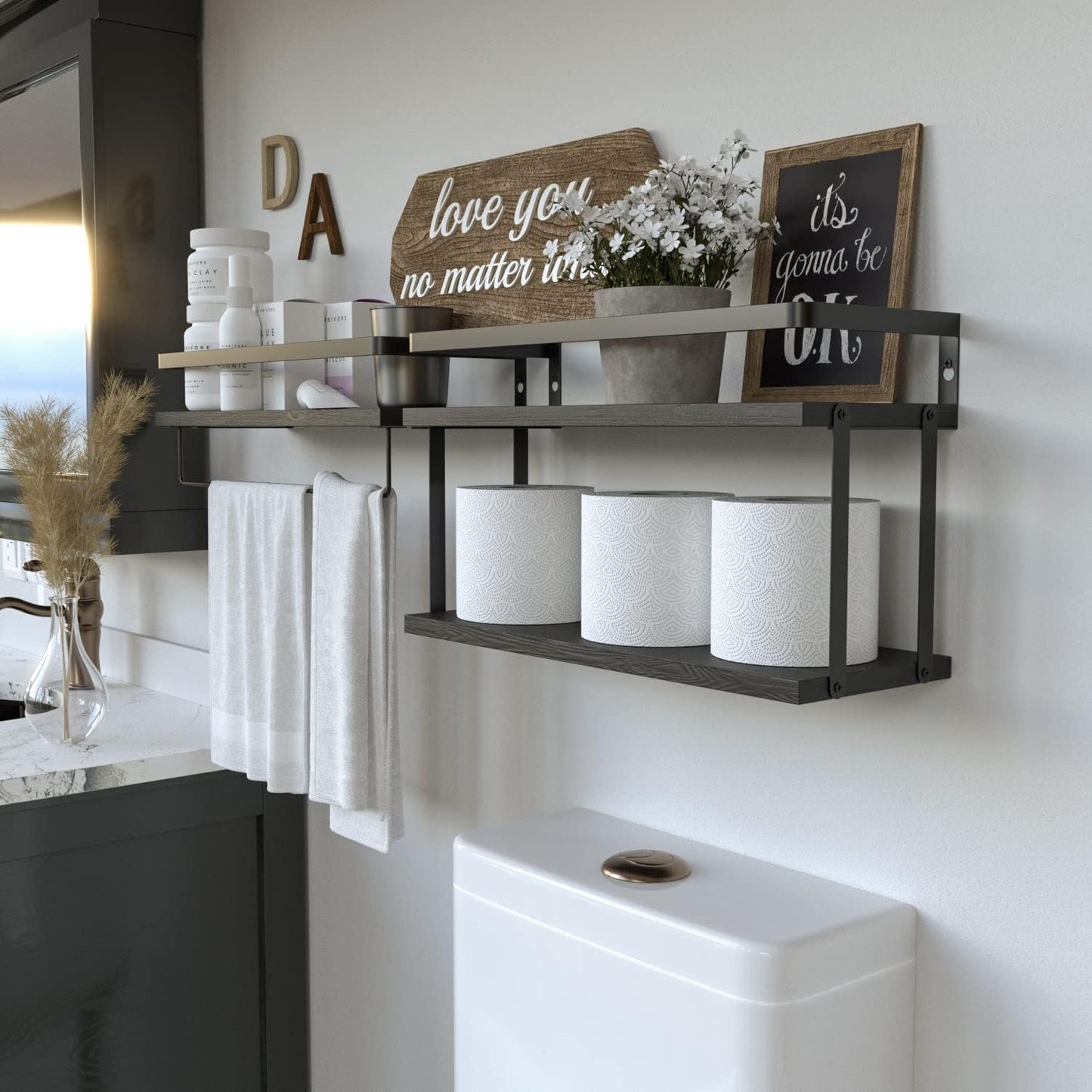 RICHER HOUSE 2+1 Tier Wall Mounted Floating Shelves Set of 2, Rustic Wood Wall Shelf with Metal Frame, Extra Storage Rack for Bathroom, Kitchen, Bedroom with Tissue Rack & Towel Bar - Black