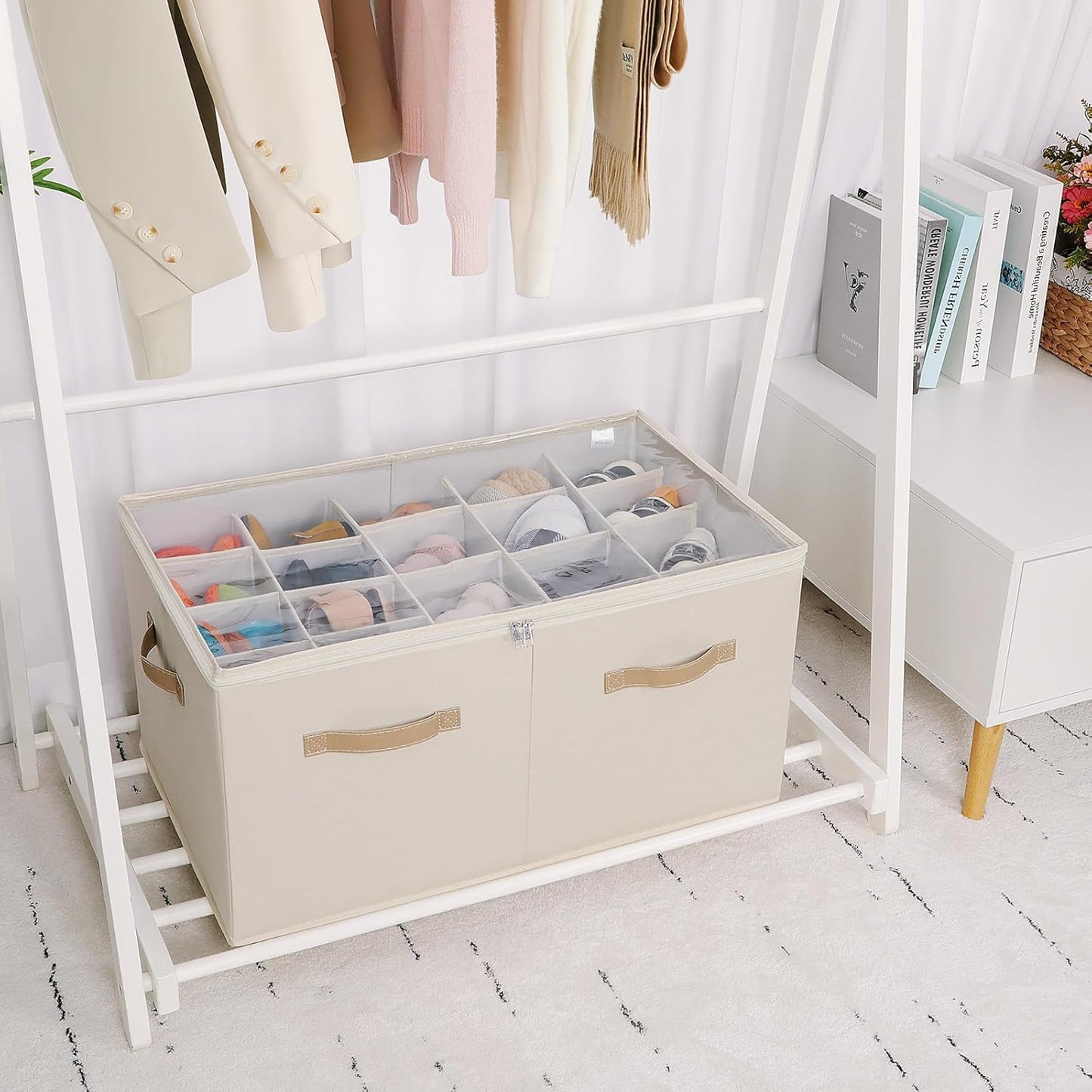 Shoe Organizer for Closet, Foldable Shoe Box with Adjustable Dividers and Clear Cover, Space Saving Shoe Storage Organizer Cabinet with Reinforced Handles, Fits 20 Pairs, Beige TP10Y