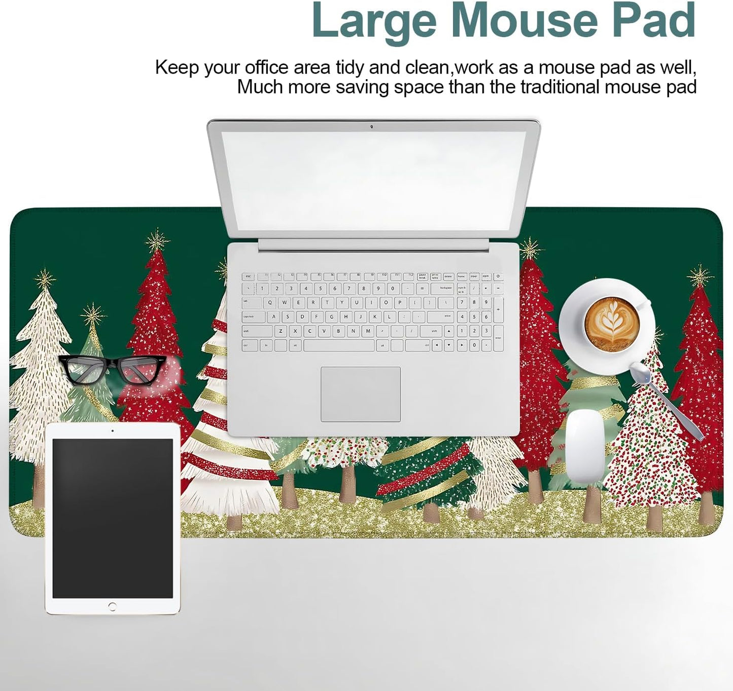 Christmas Tree - Green Gaming Mouse Pad 35.4"x15.7"Desk Mat Anti-Slip Rubber Base & Durable Stitched Edges for Gamers Smooth Mouse Writing Surface for Desk Office/Home