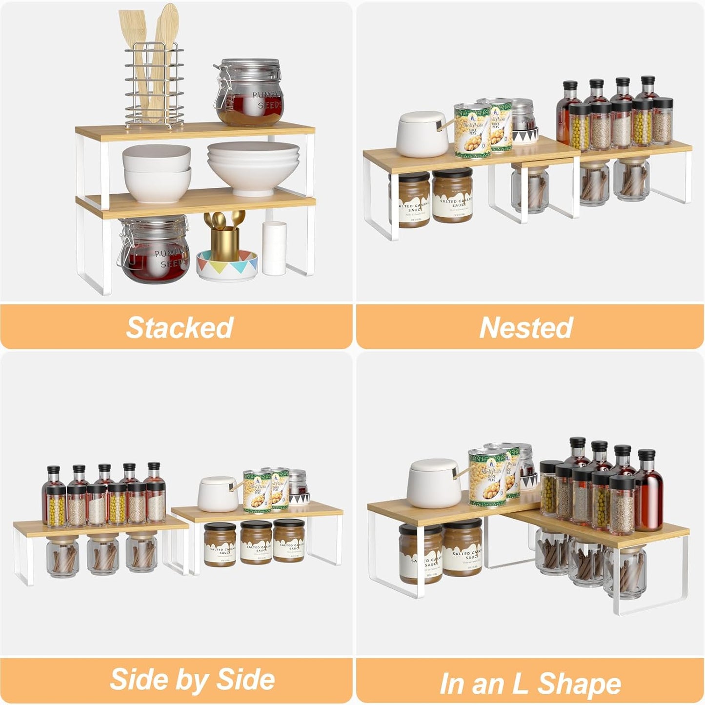 NEX Bamboo Cabinet Organizer Shelf, Set of 2 Kitchen Counter Shelves, Spice Rack, Stackable Kitchen Shelves Organizer, Pantry Cupboard Dish Mug Cup Storage Shelf, White and Natural