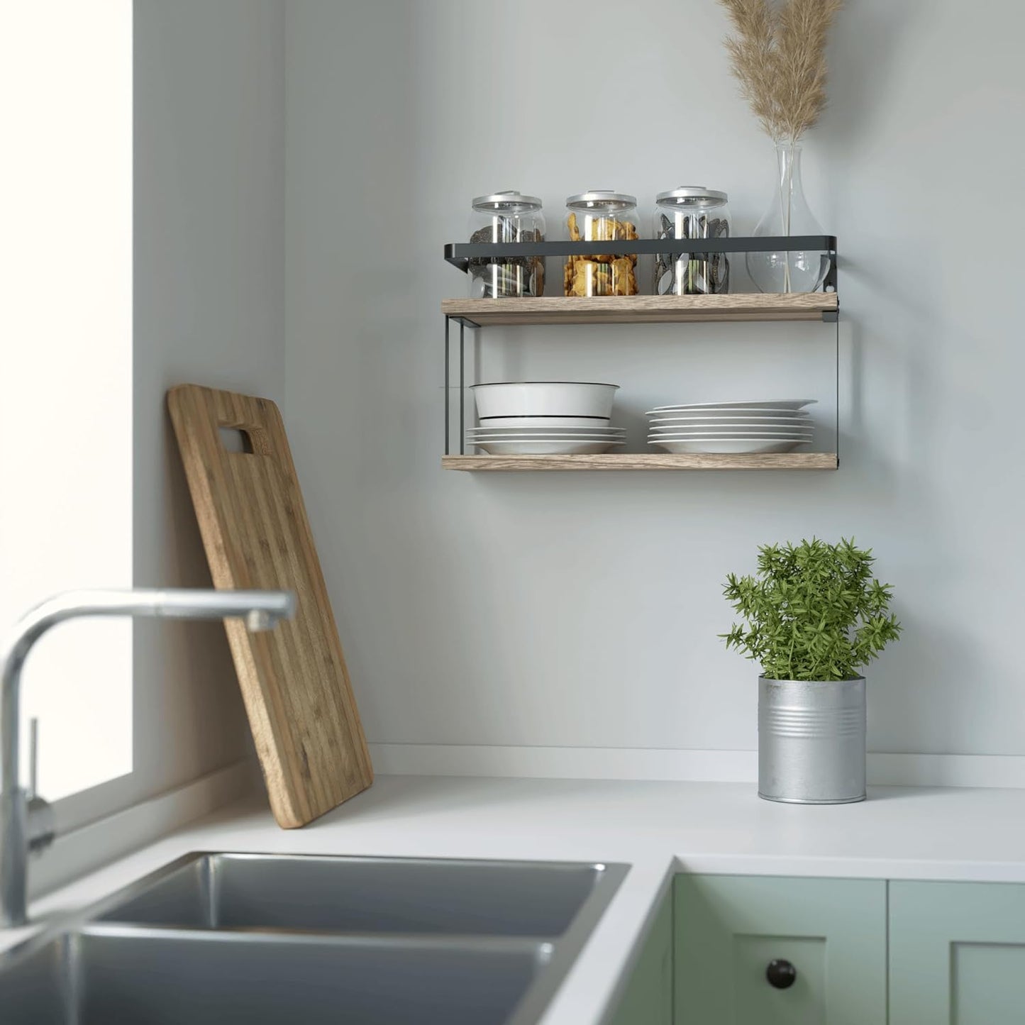 RICHER HOUSE Dual-Level Guardrail Floating Shelves, Rustic Wood Shelf Wall Mounted, Over Toilet Paper Storage Shelf for Bathroom Wall Decor, Bathroom Organizers and Kitchen Storage - Rustic Wood