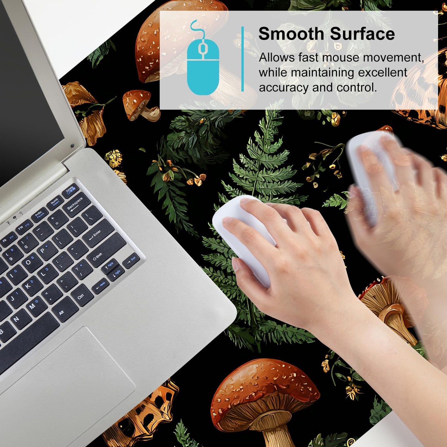 Vintage Butterfly Mushroom Mouse Pad – Large Extended Desk Mat 35.43 x 15.75 in – Dark Forest Aesthetic with Ferns & Fungi, Waterproof Surface, Non-Slip Rubber Base, Keyboard & Mouse Pad