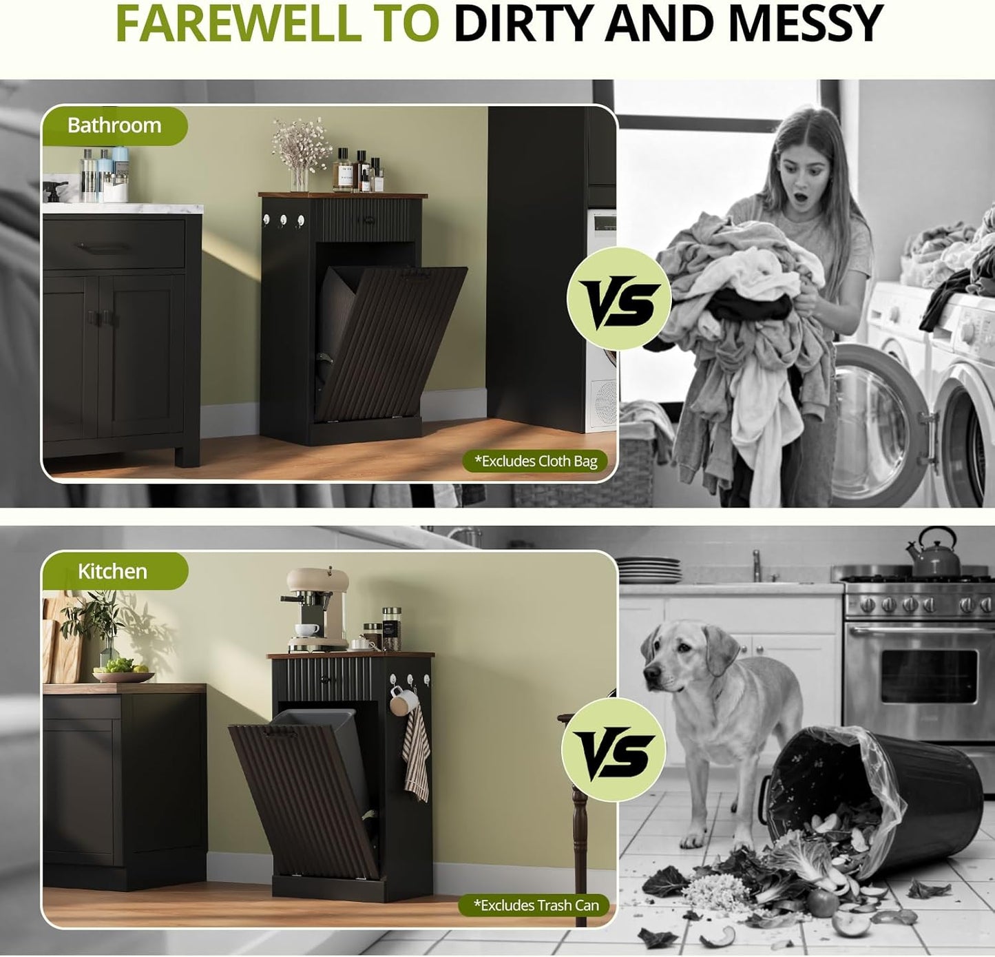 Tilt Out Trash Can Cabinet, 10 Gallon Fluted Laundry Hamper Cabinet with Drawers, Freestanding Wooden Hidden Garbage Can Cabinets for Kitchen, Living Room, Without Trash Bin or Laundry Hamper, Black