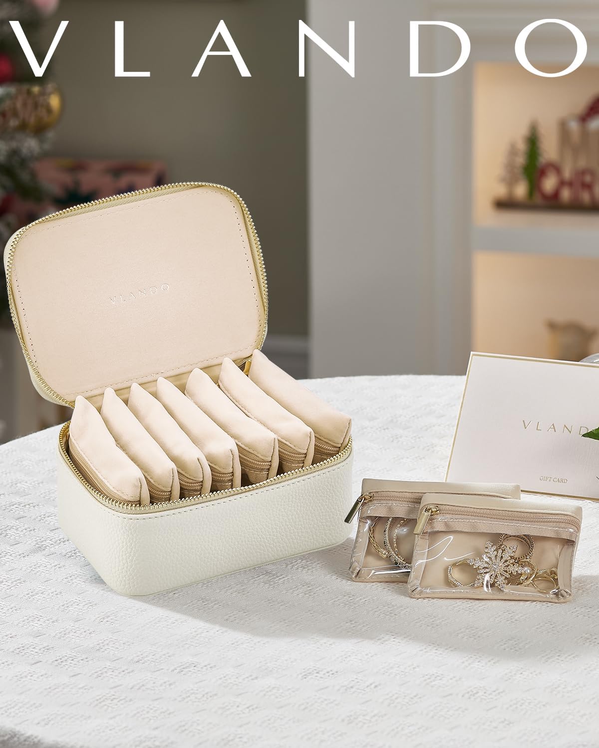 Vlando Travel Jewelry Case with 8 Velvet Jewelry Bags Jewelry Travel Organizer Box for Girls Jewelry Box for Rings Earrings Christmas Anniversary Birthday Gifts for Women (White)