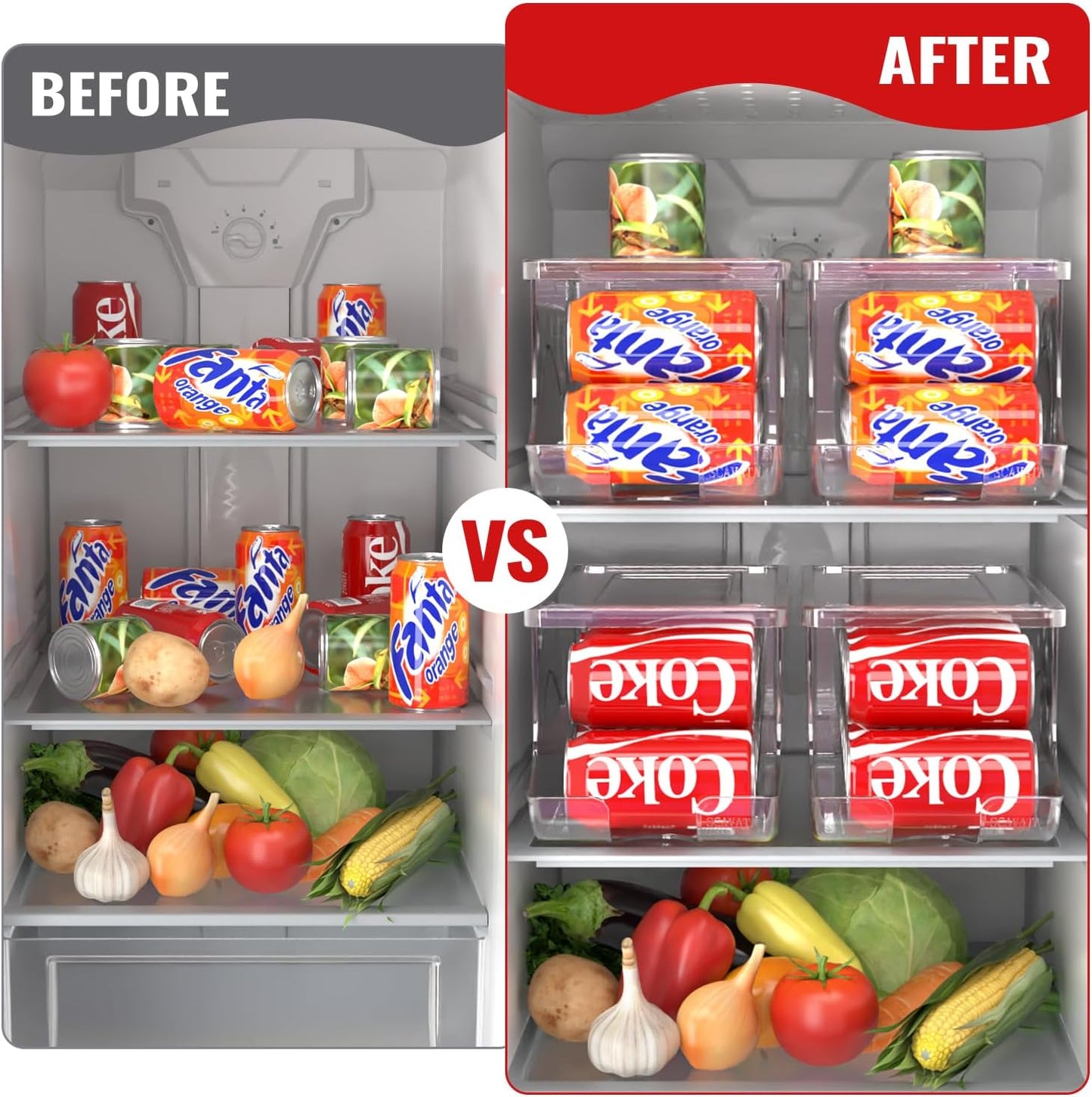 4 Pack Stackable Refrigerator Organizer, Soda Can Dispenser Pop Cans Container Beverage Holder with Lid for Fridge, Freezer, Kitchen, Clear Plastic Storage Bins-Holds 10 Cans Each