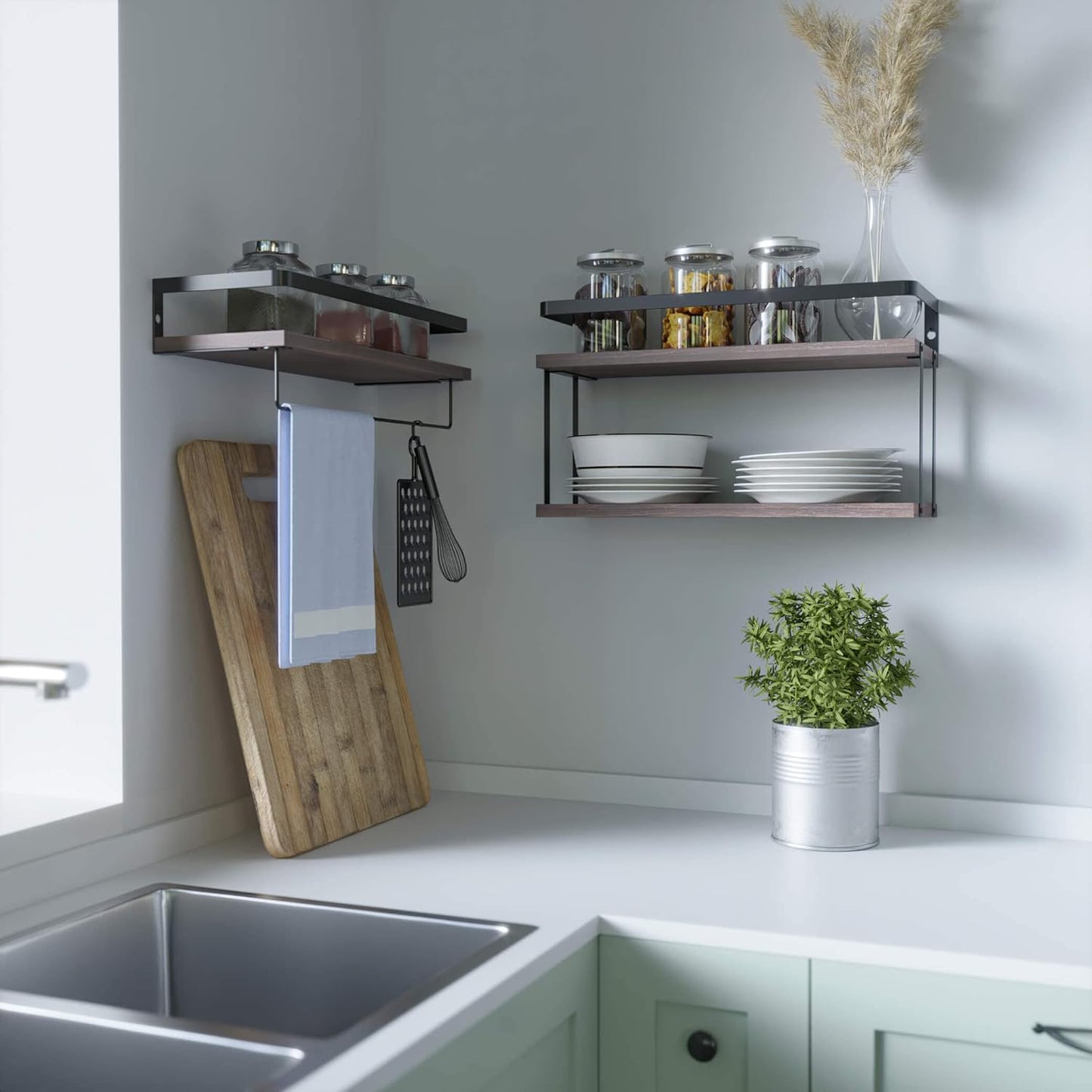 RICHER HOUSE 2+1 Tier Wall Mounted Floating Shelves Set of 2, Rustic Wood Shelf with Metal Frame, Extra Storage Rack for Bathroom, Kitchen, Bedroom with Tissue Rack & Towel Bar - Rustic Brown
