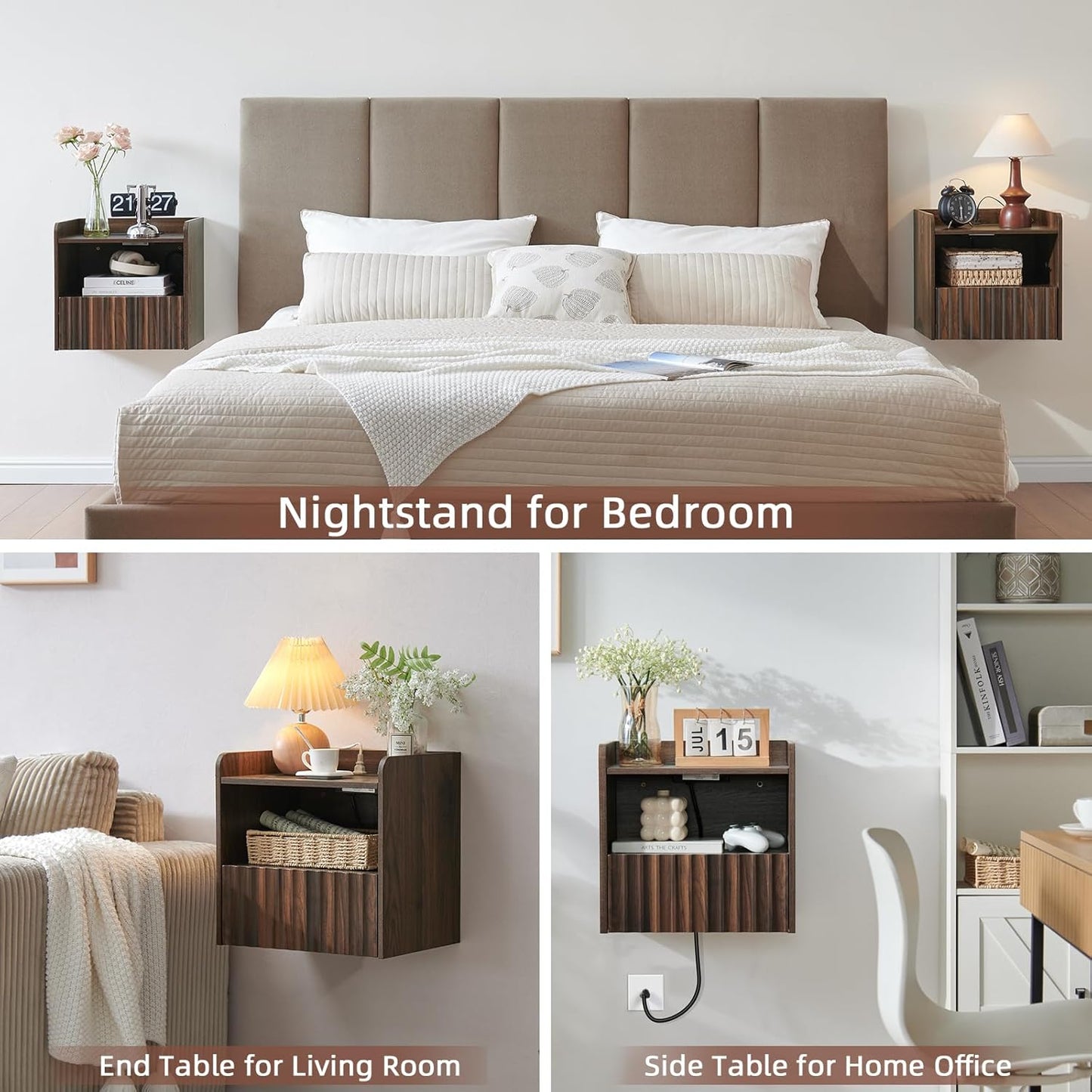 Modern Fluted Floating Nightstand Wall Mounted Set of 2- Bedside Table with Storage Drawer & Display Shelf, Minimalist Bedroom Furniture for Studio Apartments (Walnut)